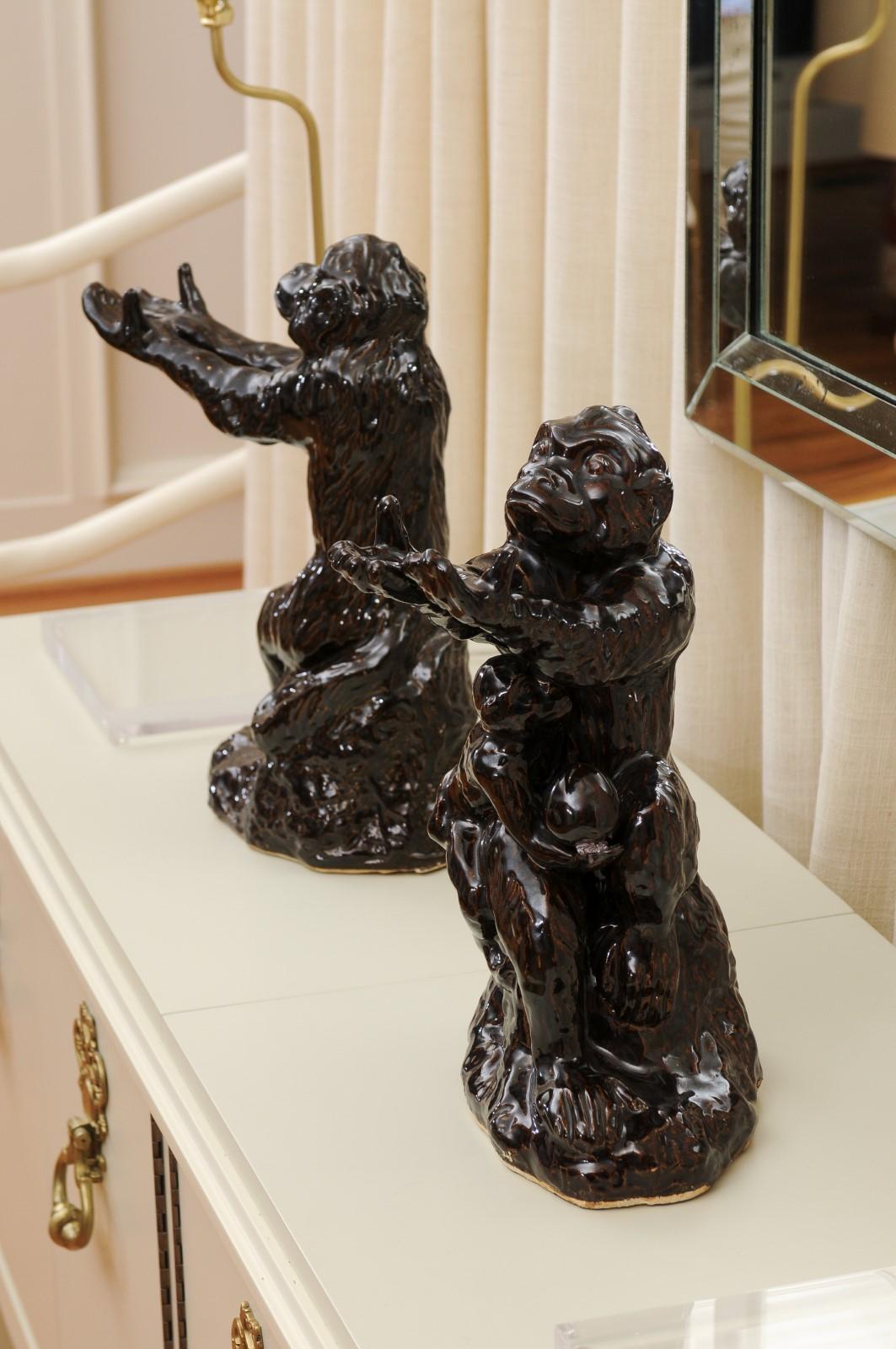 Extraordinary Pair of Vintage Italian Chocolate Glaze Monkeys as Custom Lamps For Sale 10