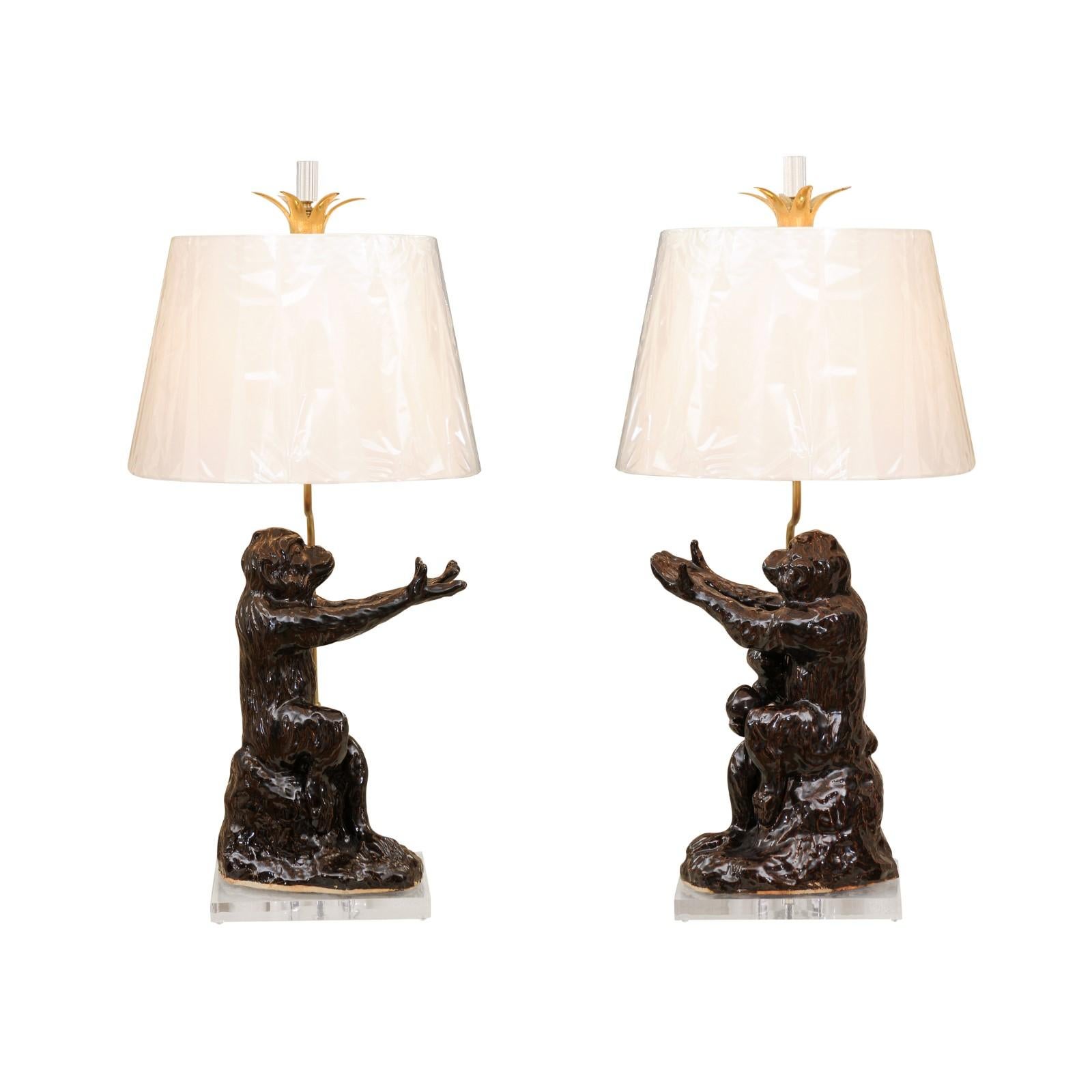 Extraordinary Pair of Vintage Italian Chocolate Glaze Monkeys as Custom Lamps For Sale 14