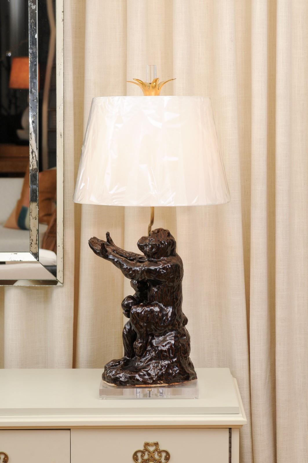 Terracotta Extraordinary Pair of Vintage Italian Chocolate Glaze Monkeys as Custom Lamps For Sale
