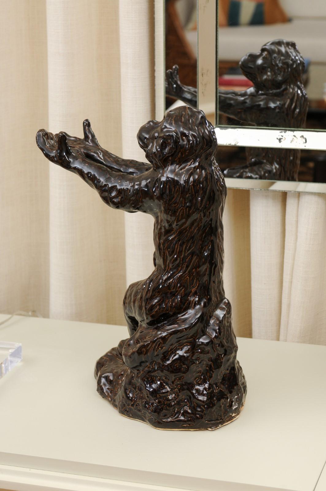 Extraordinary Pair of Vintage Italian Chocolate Glaze Monkeys as Custom Lamps For Sale 2