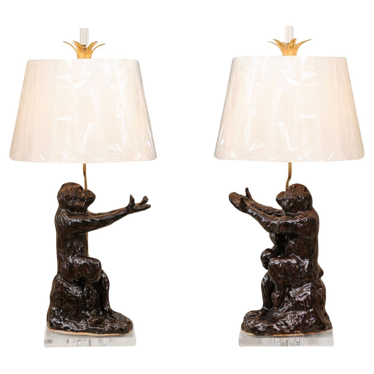Extraordinary Pair of Vintage Italian Chocolate Glaze Monkeys as Custom Lamps