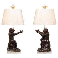 Extraordinary Pair of Vintage Italian Chocolate Glaze Monkeys as Custom Lamps