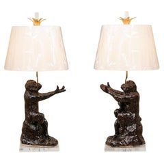 Extraordinary Pair of Retro Italian Chocolate Glaze Monkeys as Custom Lamps