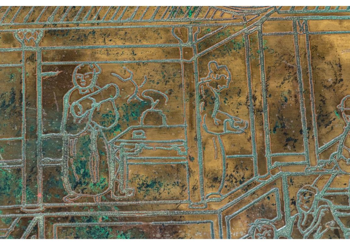From master Furniture and Art creators Philip and Kelvin LaVerne and created in the 1960’s. The diminutive Bronze Console from their celebrated “Festival”  series depicts a lively and motion filled scene of an Asian town scene with trees, carts,