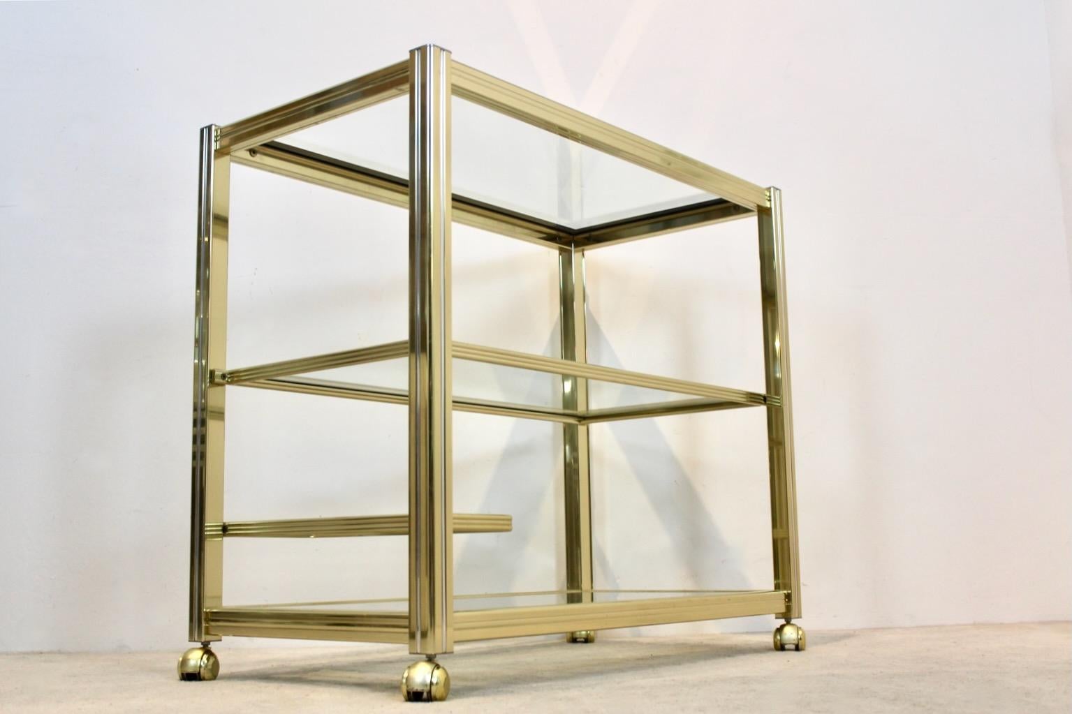 20th Century Extraordinary Pierre Vandel Brass and Chrome Bar Cart, France 1970s For Sale