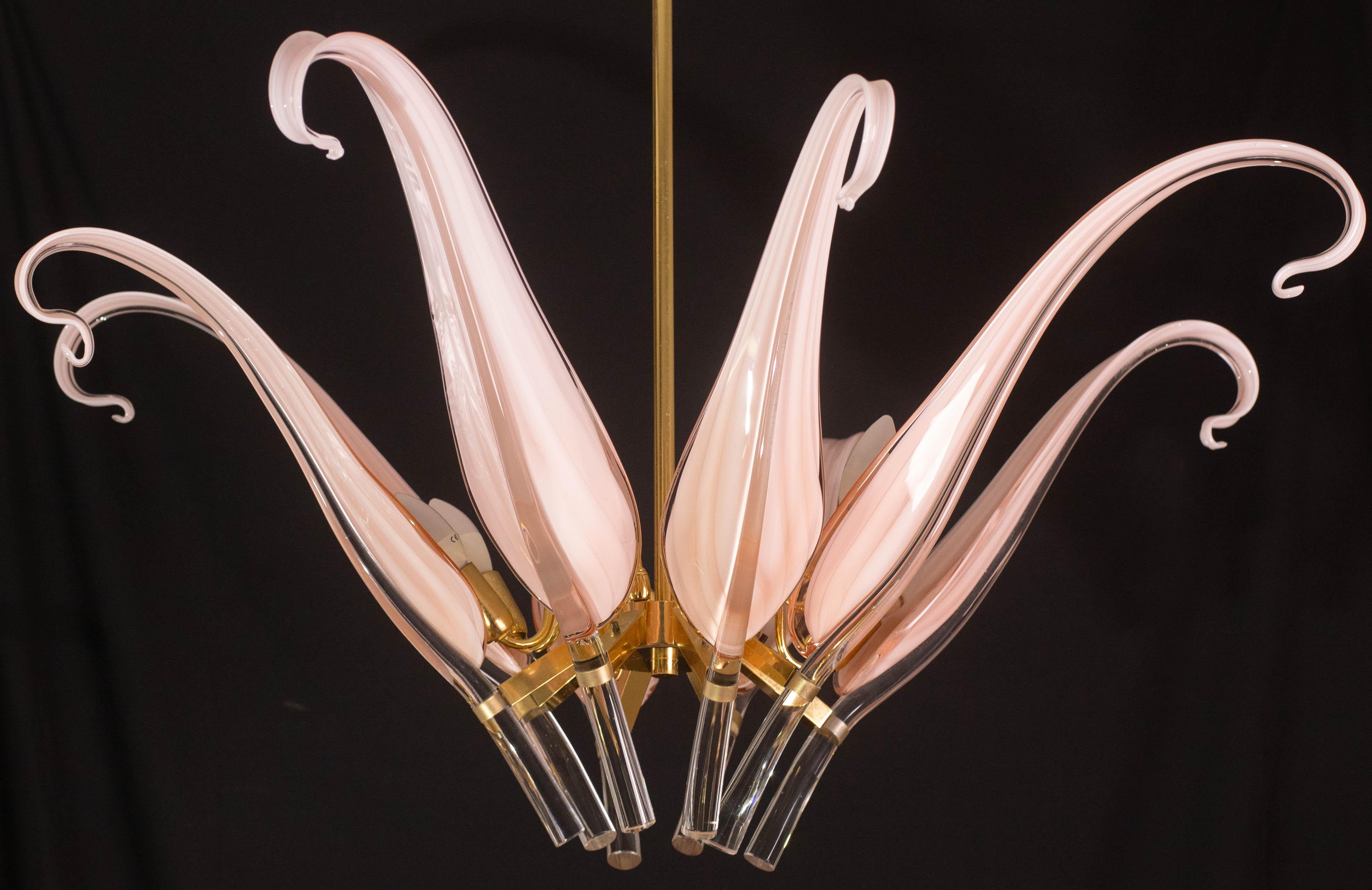 Straordinario lampadario a foglie in vetro di Murano rosa di grandi dimensioni di Franco Luce in vendita 5