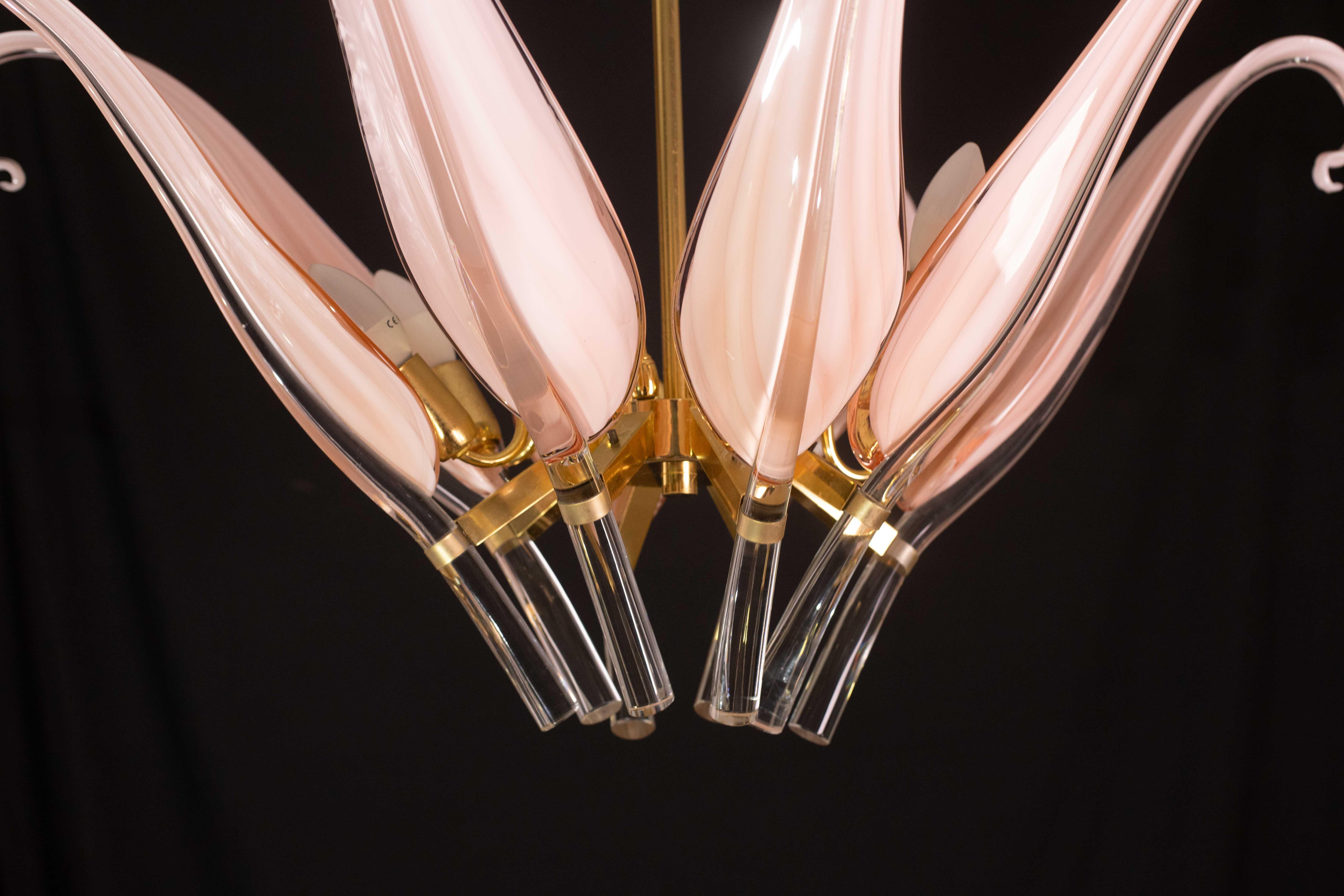 Straordinario lampadario a foglie in vetro di Murano rosa di grandi dimensioni di Franco Luce in vendita 4