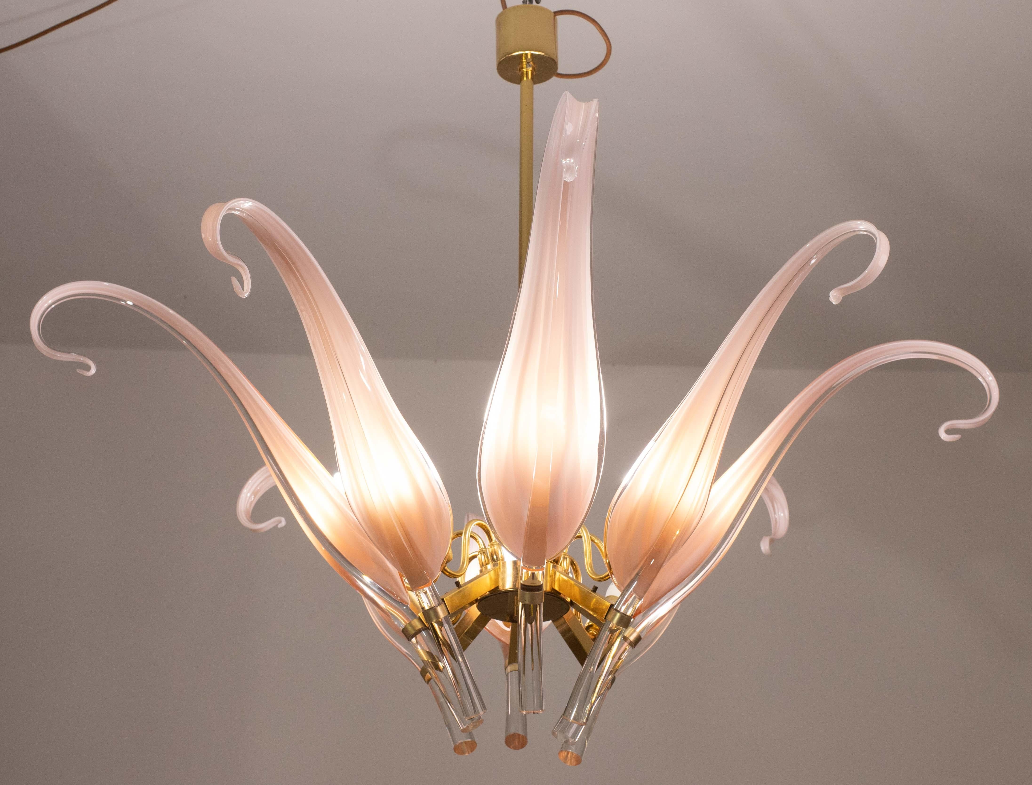 Straordinario lampadario a foglie in vetro di Murano rosa di grandi dimensioni di Franco Luce in vendita 7
