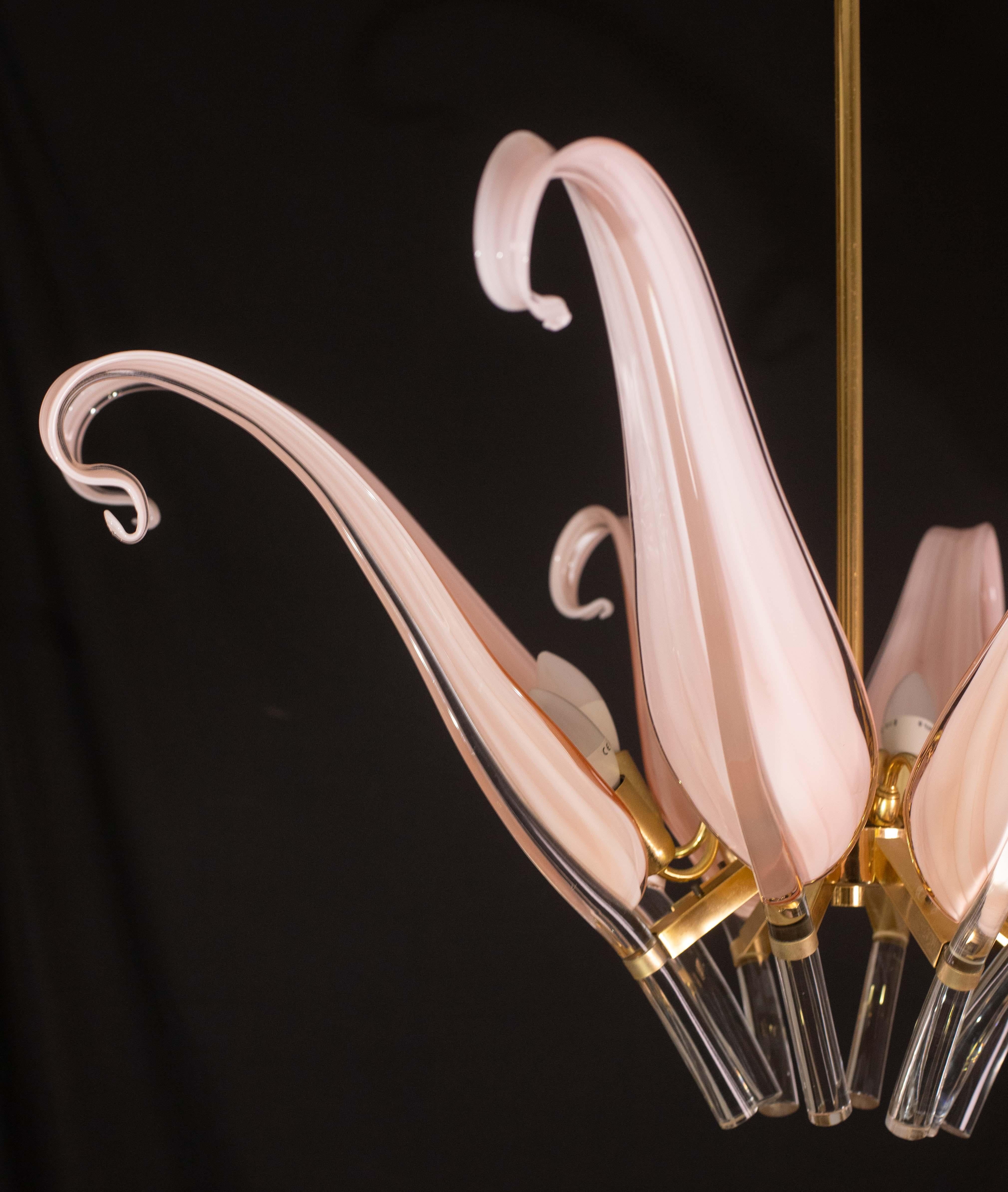 Straordinario lampadario a foglie in vetro di Murano rosa di grandi dimensioni di Franco Luce in vendita 9
