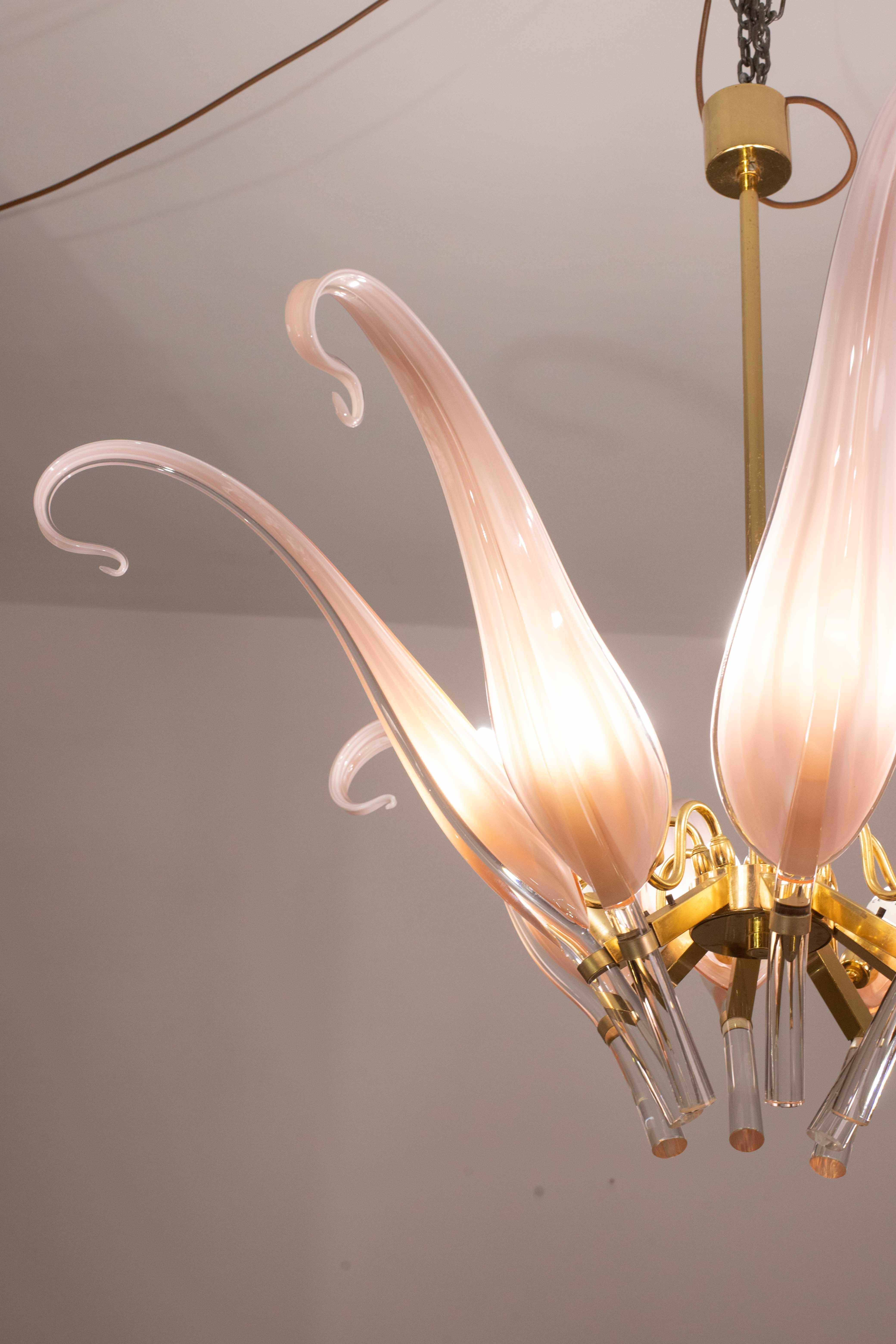 Straordinario lampadario a foglie in vetro di Murano rosa di grandi dimensioni di Franco Luce in vendita 8