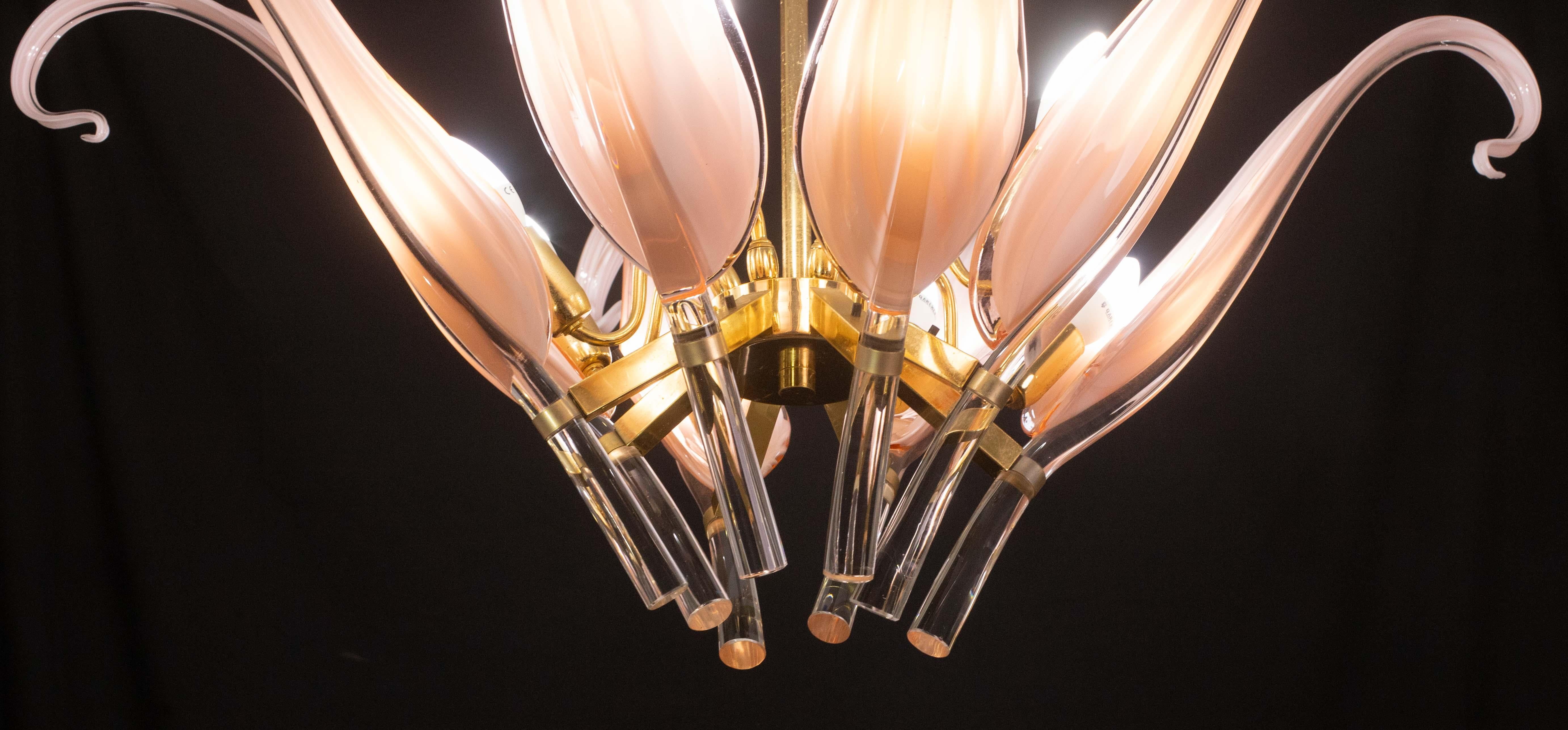 Vetro di Murano Straordinario lampadario a foglie in vetro di Murano rosa di grandi dimensioni di Franco Luce in vendita