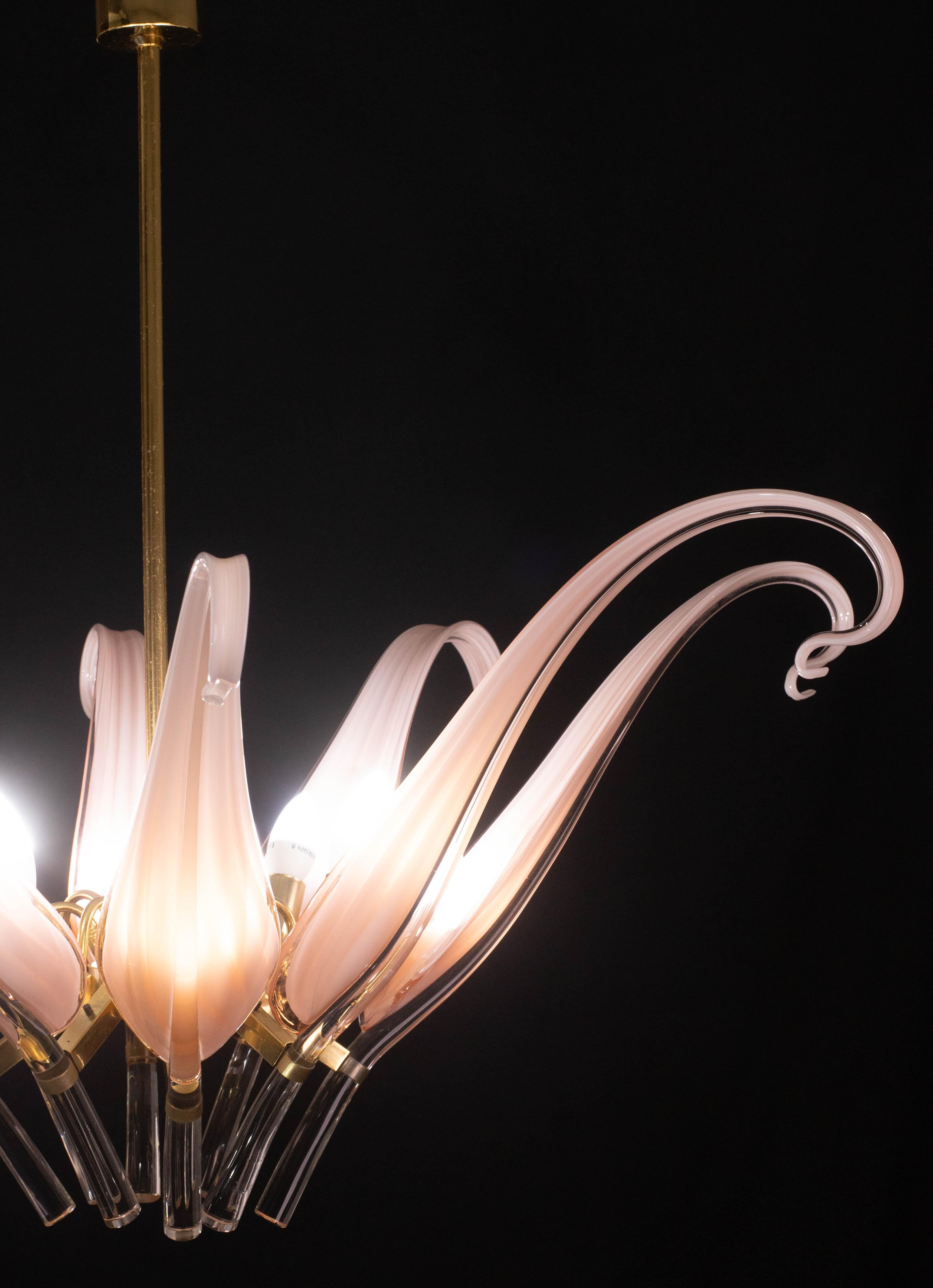 Straordinario lampadario a foglie in vetro di Murano rosa di grandi dimensioni di Franco Luce in vendita 2