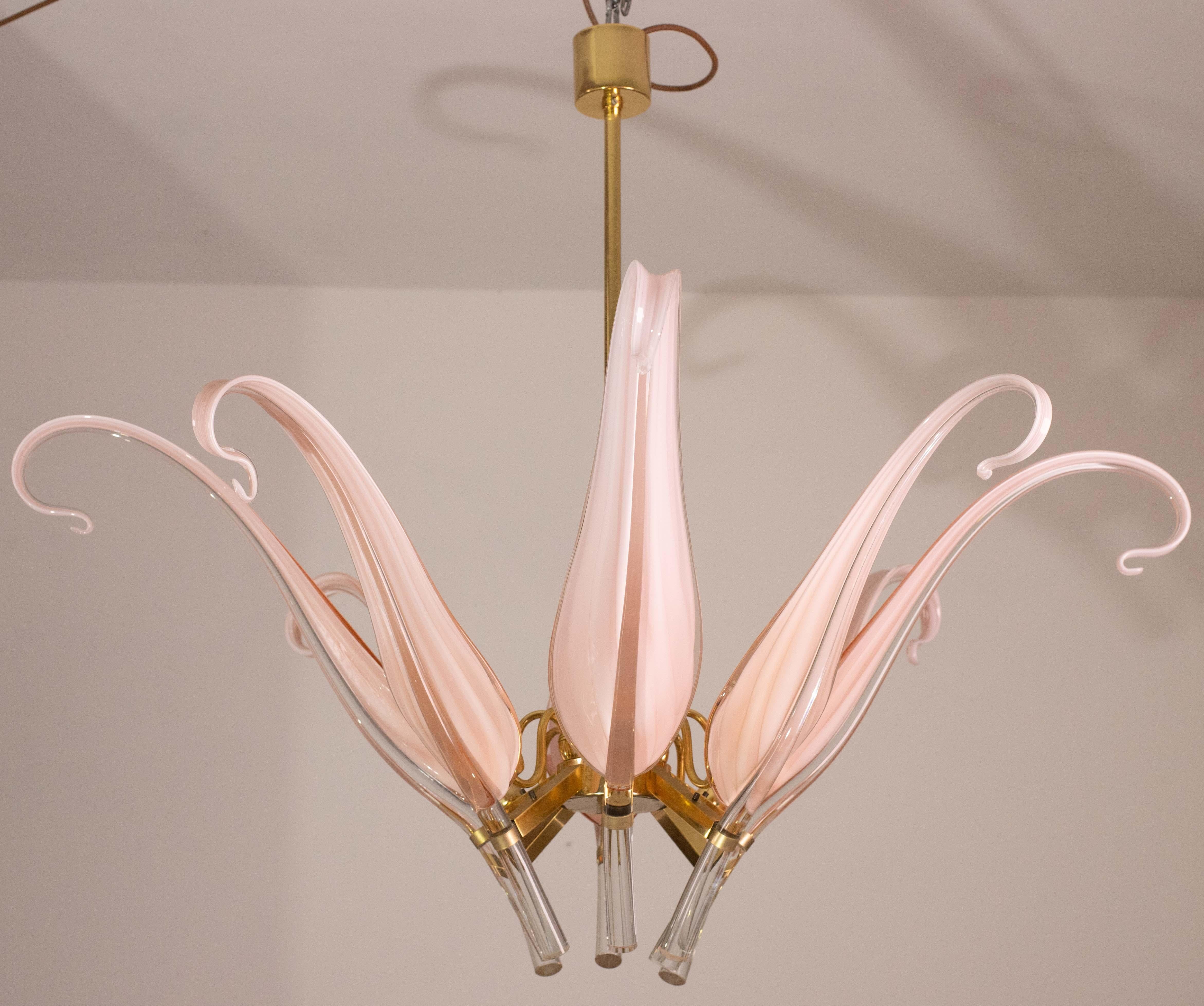 Straordinario lampadario a foglie in vetro di Murano rosa di grandi dimensioni di Franco Luce in vendita 3