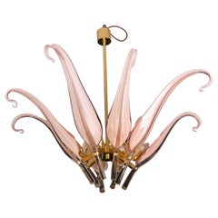 Straordinario lampadario a foglie in vetro di Murano rosa di grandi dimensioni di Franco Luce