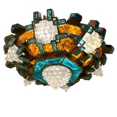 Extraordinary Longobard Hammered Glass & Iron Ceiling Fixture 1970s