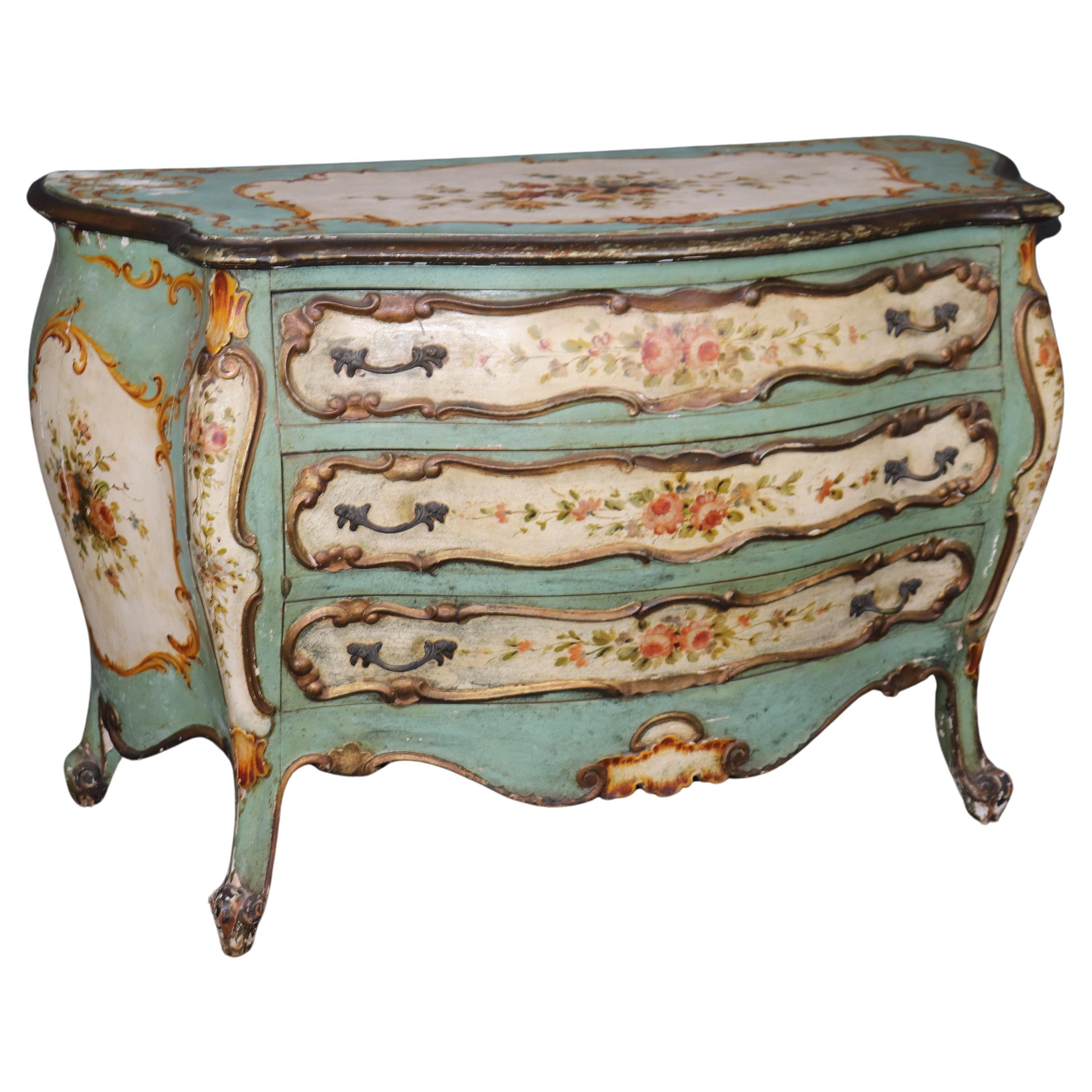 Extraordinary Polychrome Paint Decorated Venetian Rococo Bombe Commode C1870