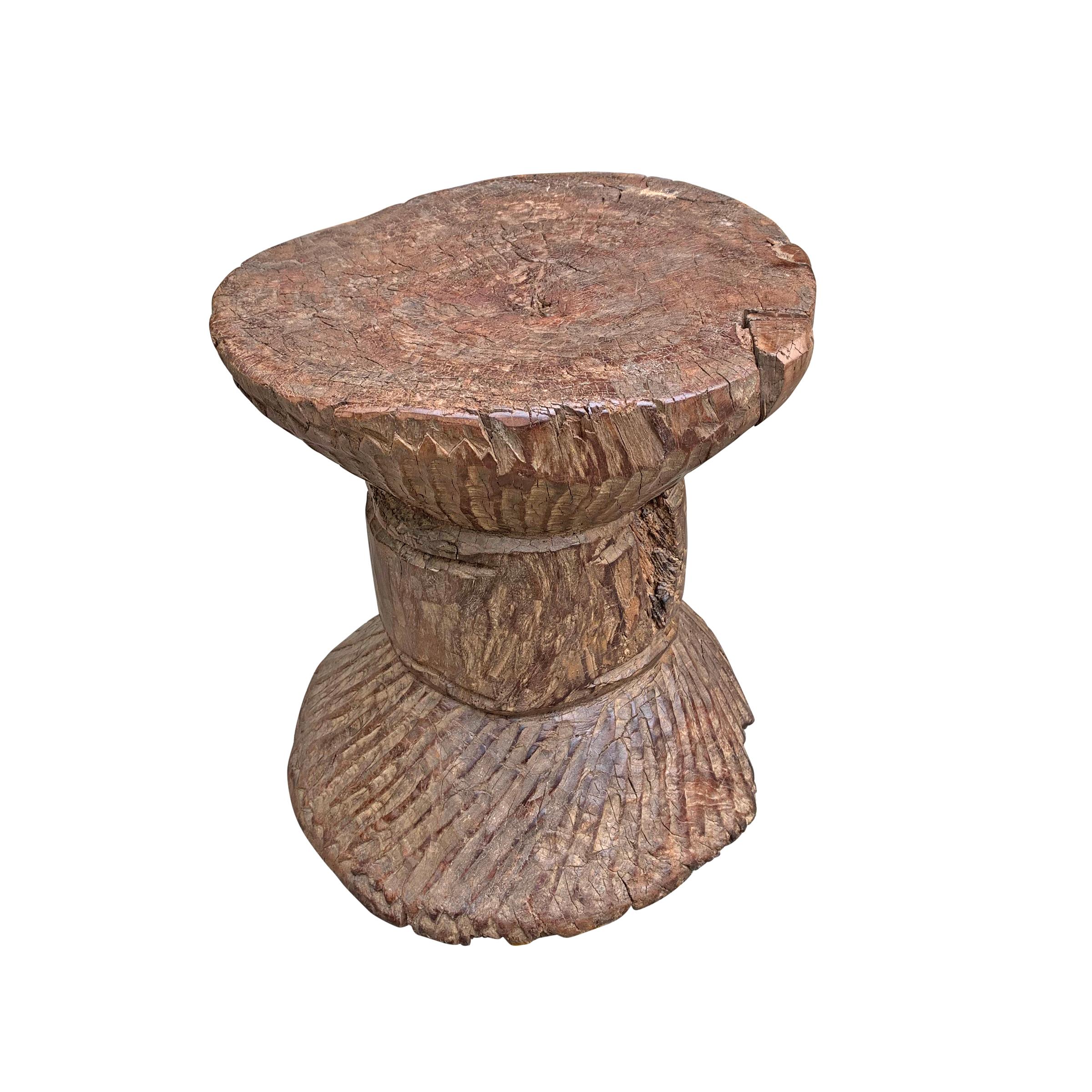 19th Century Extraordinary Primitive Carved Wood Stool