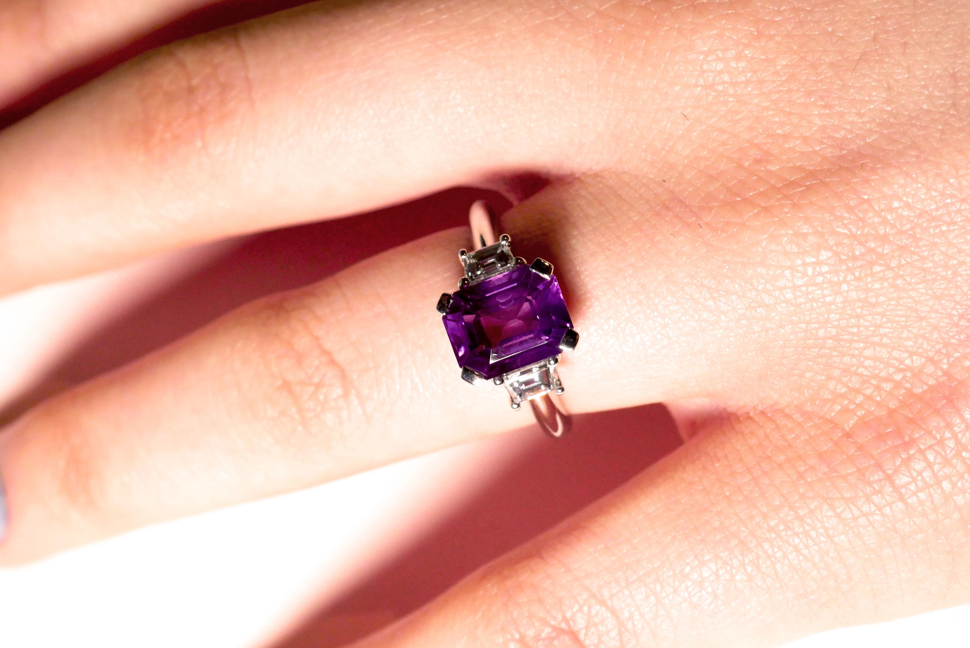 Octagon Cut 3.74 Carats Purple Sapphire Trilogy Ring with Diamonds in White Gold For Sale
