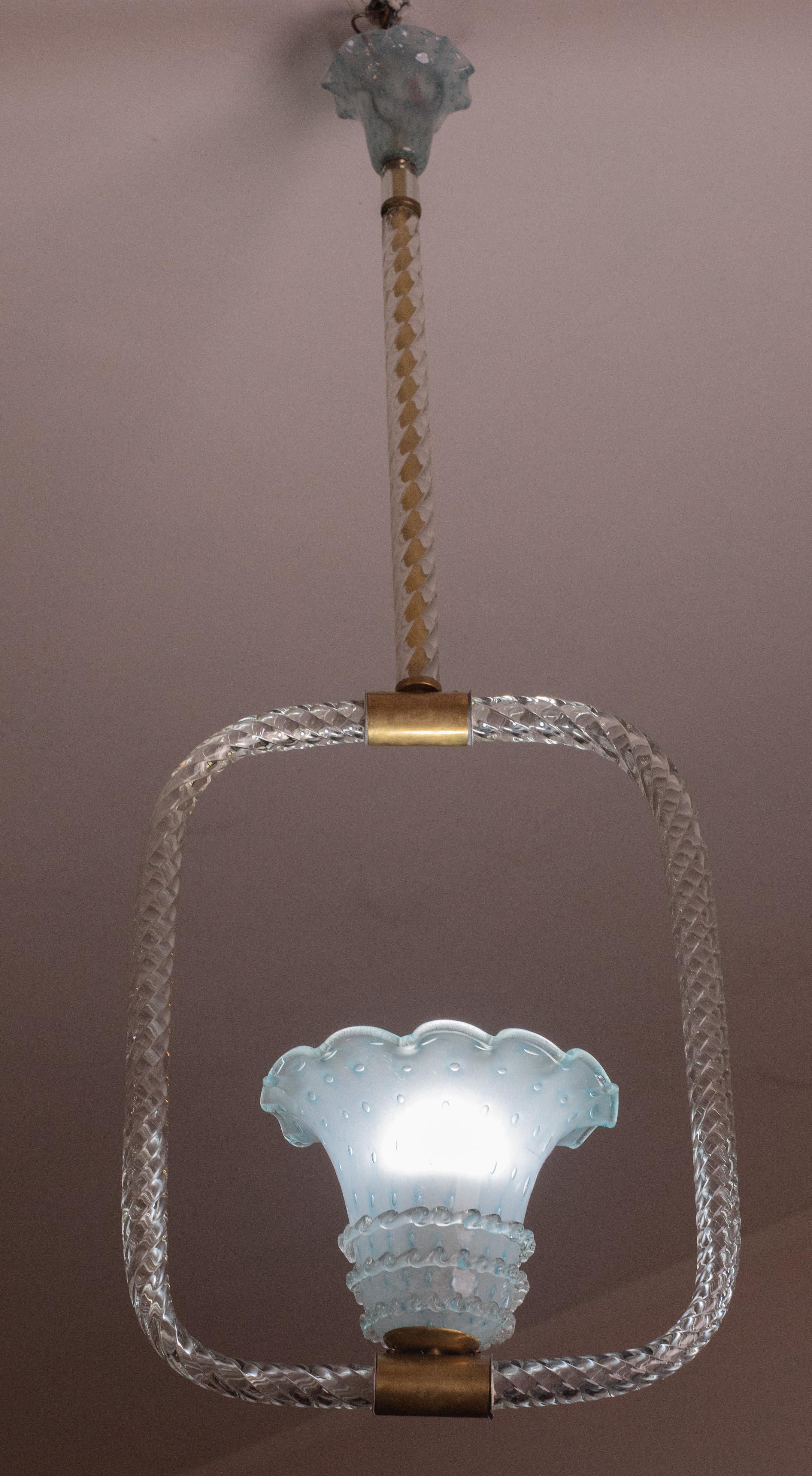 Verre d'art Extraordinaire et rare lampe à suspension en verre de Murano bleu, « Bullicante Glass », par Barovier  en vente