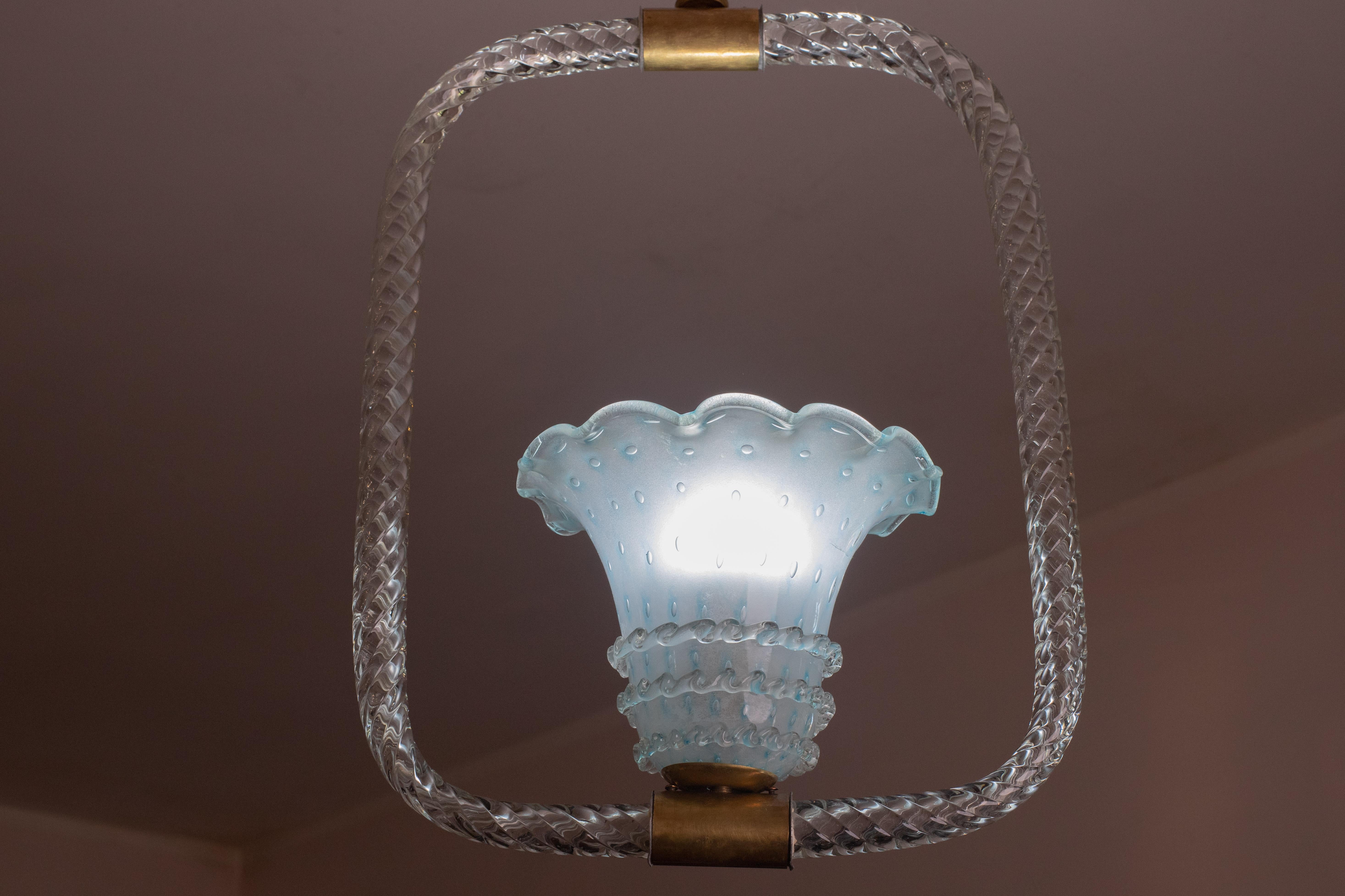 Extraordinaire et rare lampe à suspension en verre de Murano bleu, « Bullicante Glass », par Barovier  en vente 1
