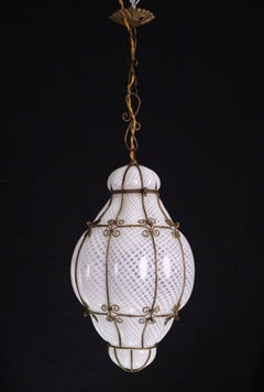 Extraordinary Rare Large Size Venetian Lantern in Murano Reticello Glass, 1940s