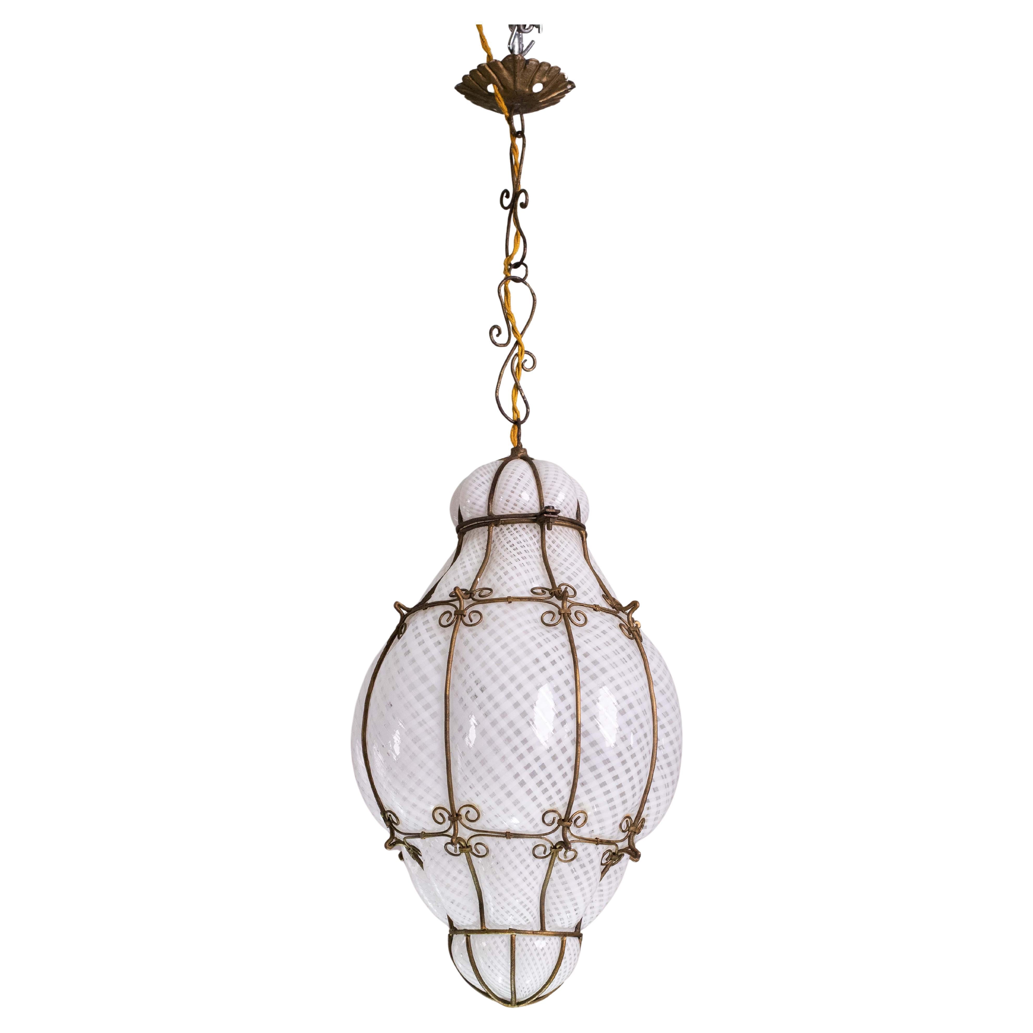 Extraordinary Rare Large Size Venetian Lantern in Murano Reticello Glass, 1940s