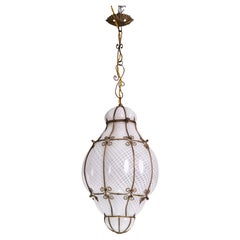 Extraordinary Rare Large Size Venetian Lantern in Murano Reticello Glass, 1940s