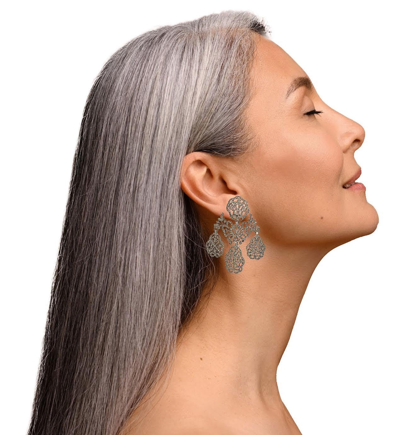 These most lavish, rare pyrite love token (armatory) earrings have hidden messages of love throughout their design. They were so work intensive that I believe they were made for a particular person The Girandole form with three drops at bottom gave