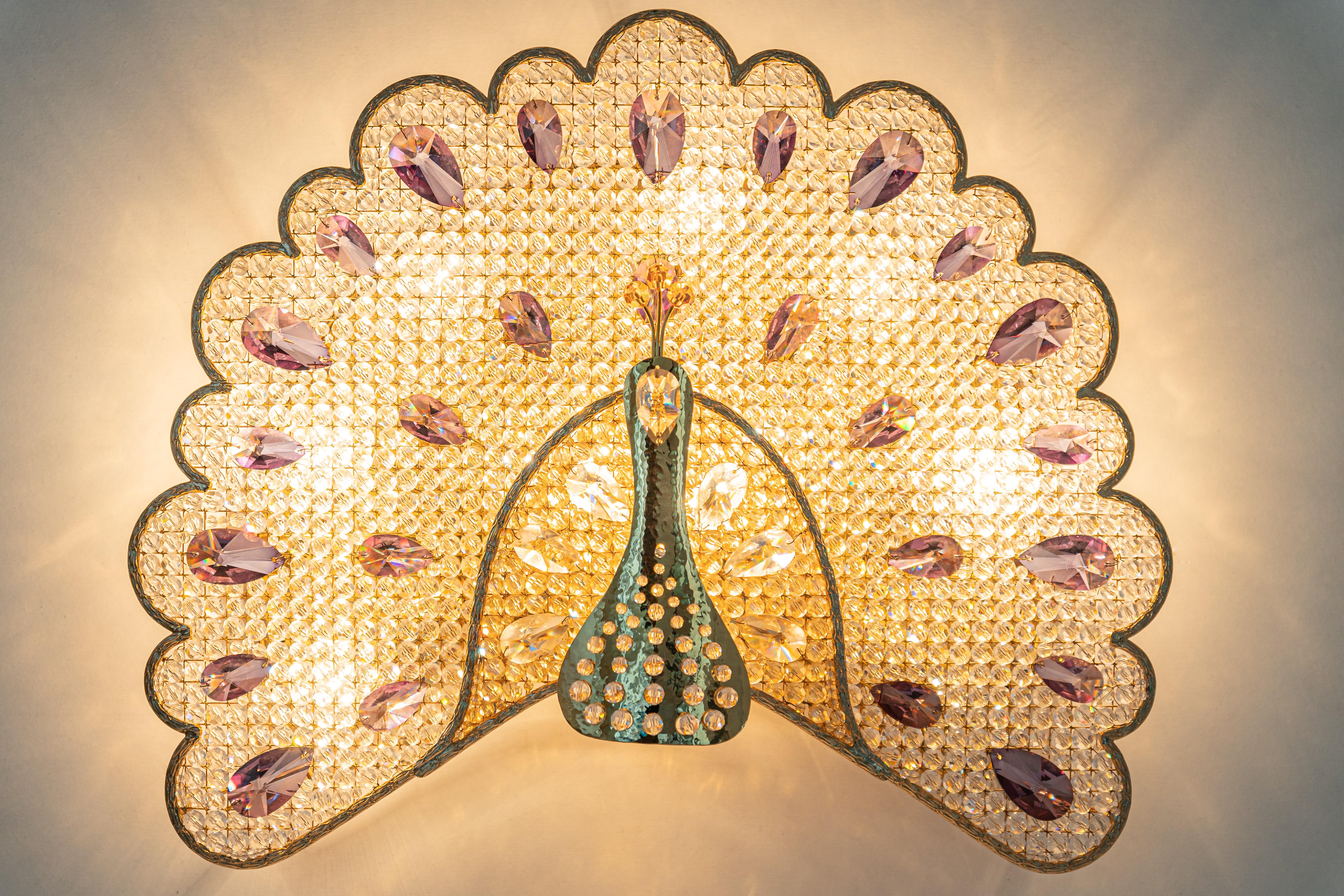 Mid-20th Century Extraordinary Rare Peacock Crystal Glass Sconce by Palwa, Germany, 1960s For Sale