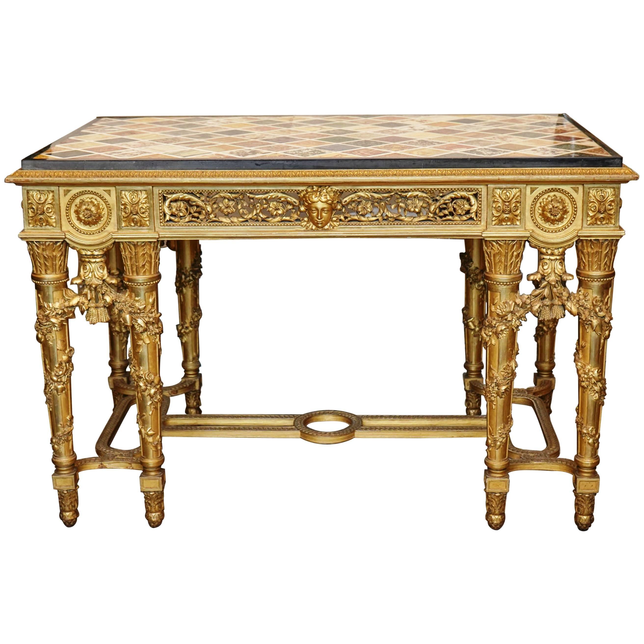 Extraordinary Rectangular Giltwood Centre Table 19th Century Marble Intarsia Top For Sale
