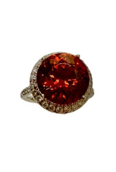 Extraordinary Round GIA 6.32 Ct Mandarin Garnet Diamond Platinum Statement Ring