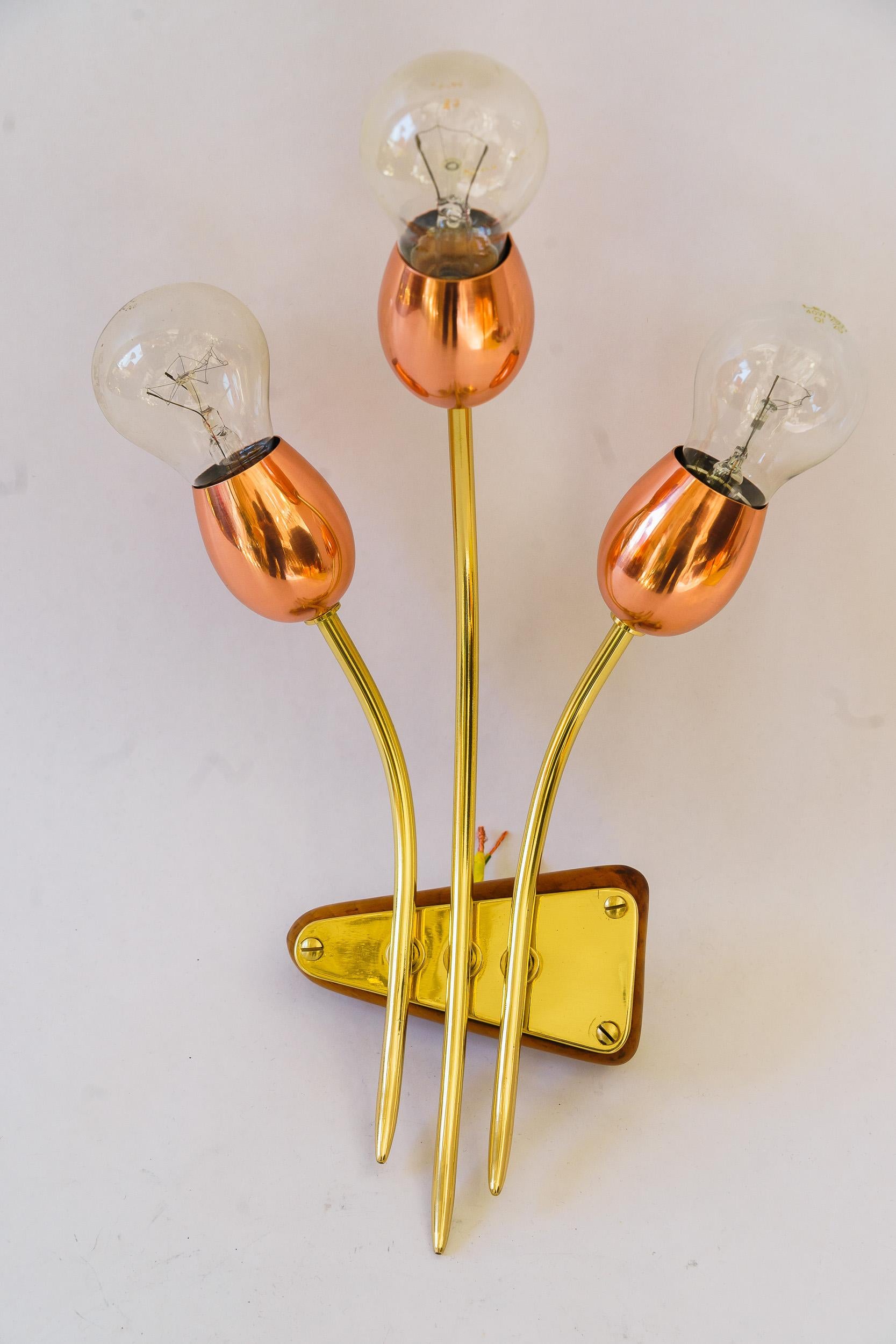 Extraordinary Rupert Nikoll wall lamp vienna around 1950s
Brass and copper polished and stove enameled

