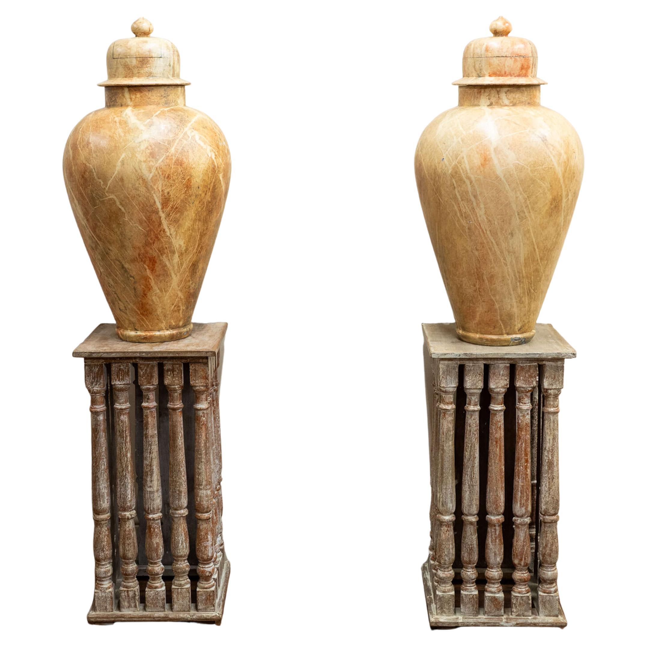 Extraordinary Scale Pair of Marble Effect Wooden Urns France circa 1890