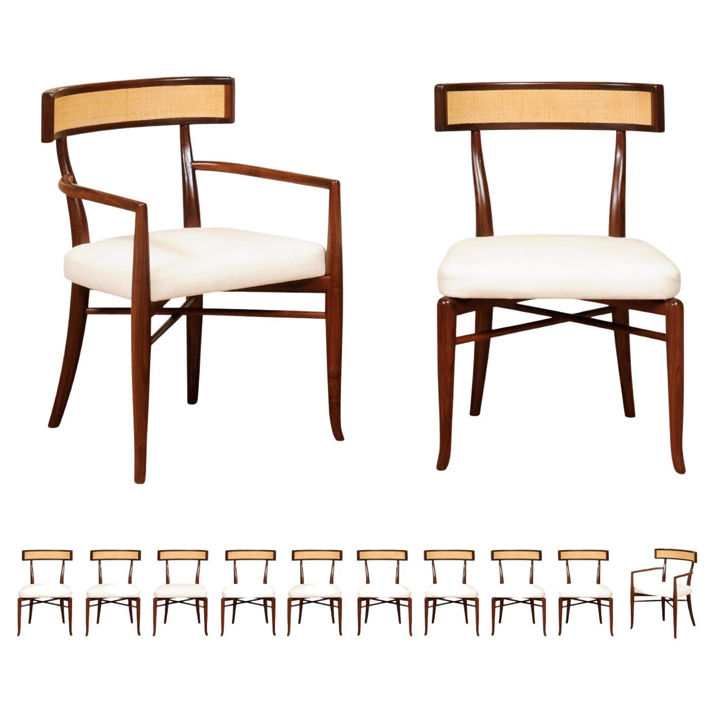 Straordinario set di 12 sedie Klismos di Robsjohn-Gibbings, schienale a canne personalizzato