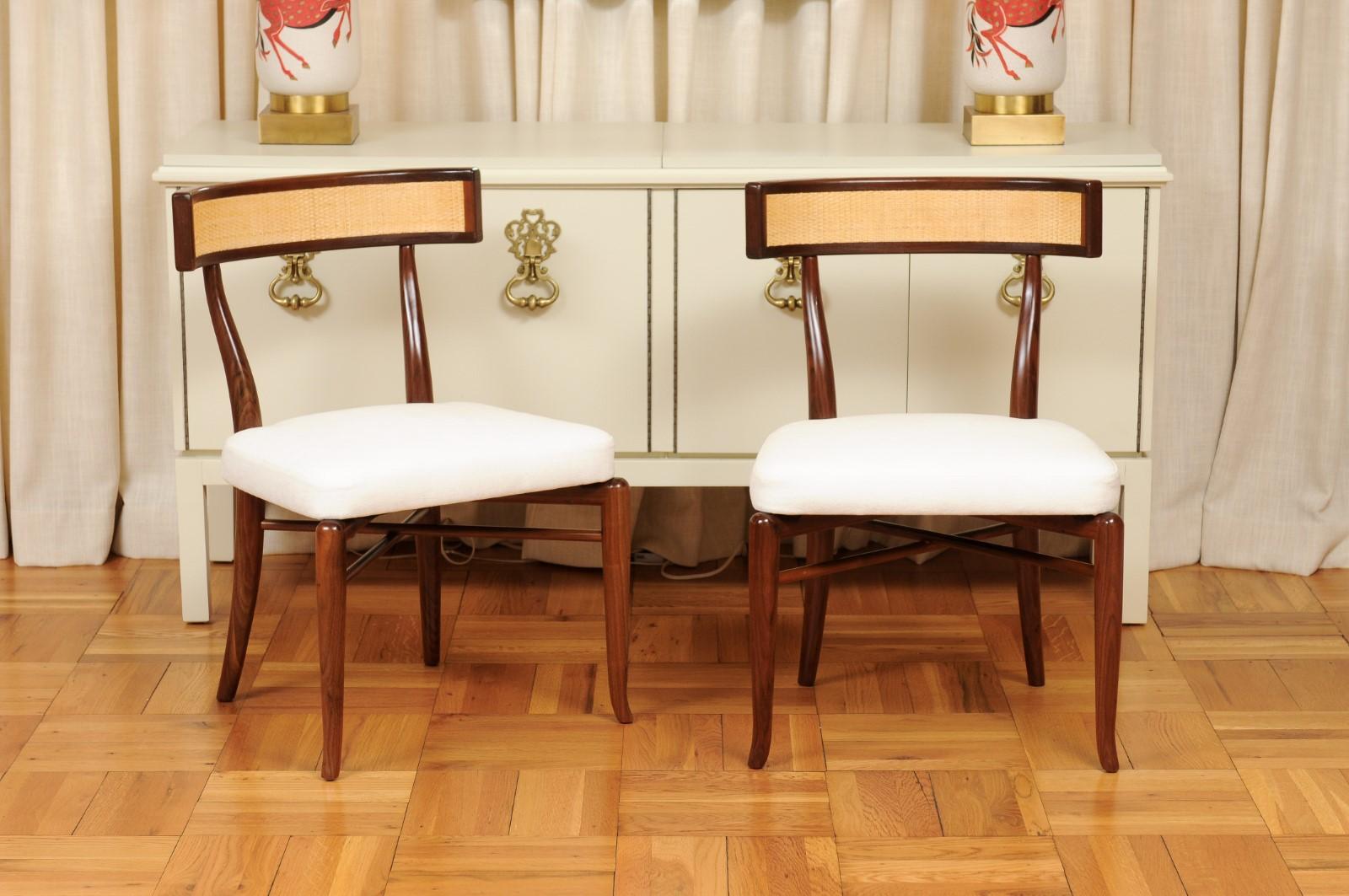 This magnificent set of dining chairs is shipped as professionally photographed and described in the listing narrative: Meticulously professionally restored, newly upholstered and completely installation ready. The New custom cane back is a