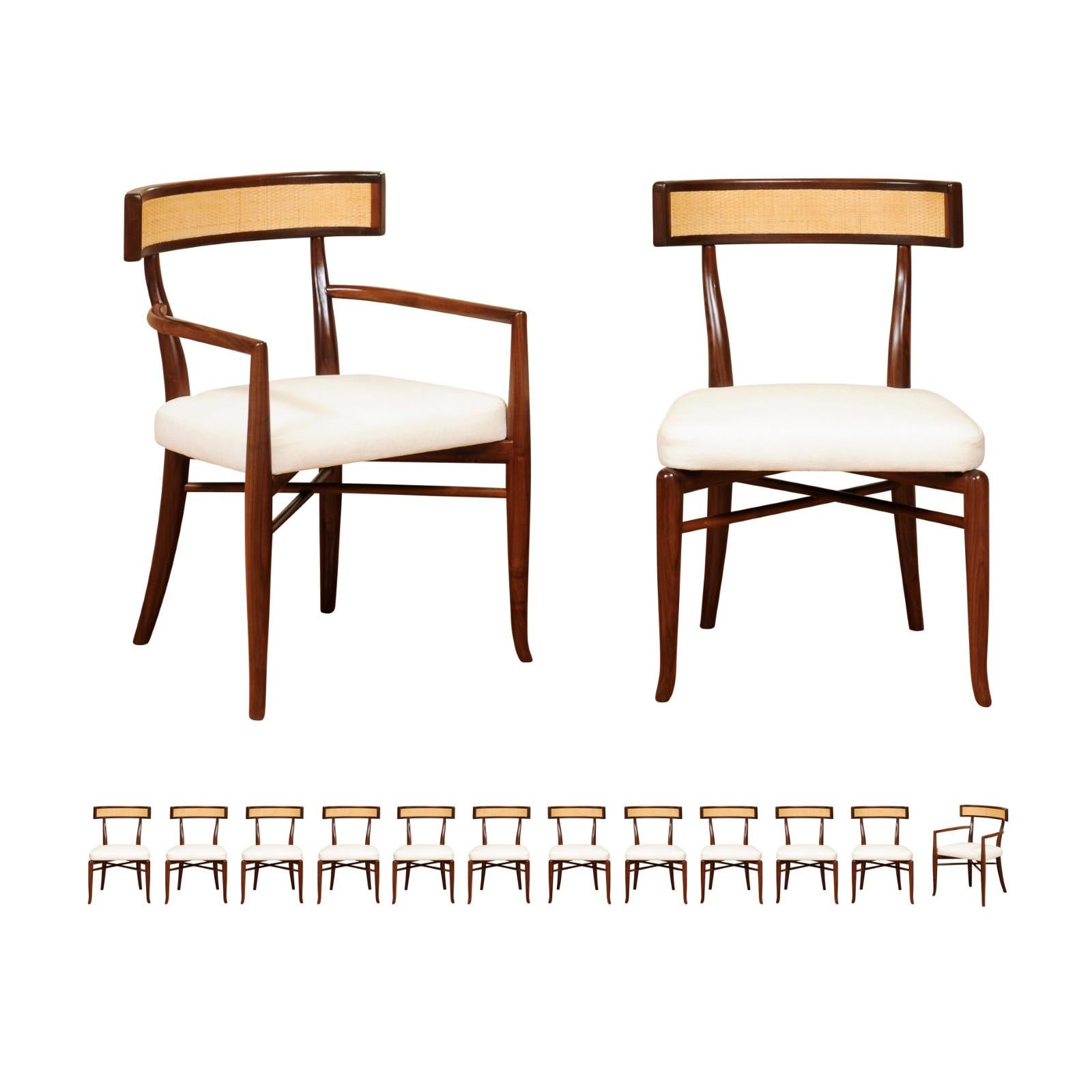 This magnificent set of dining chairs is shipped as professionally photographed and described in the listing narrative: Meticulously professionally restored, newly upholstered and completely installation ready. The custom cane back is a modification