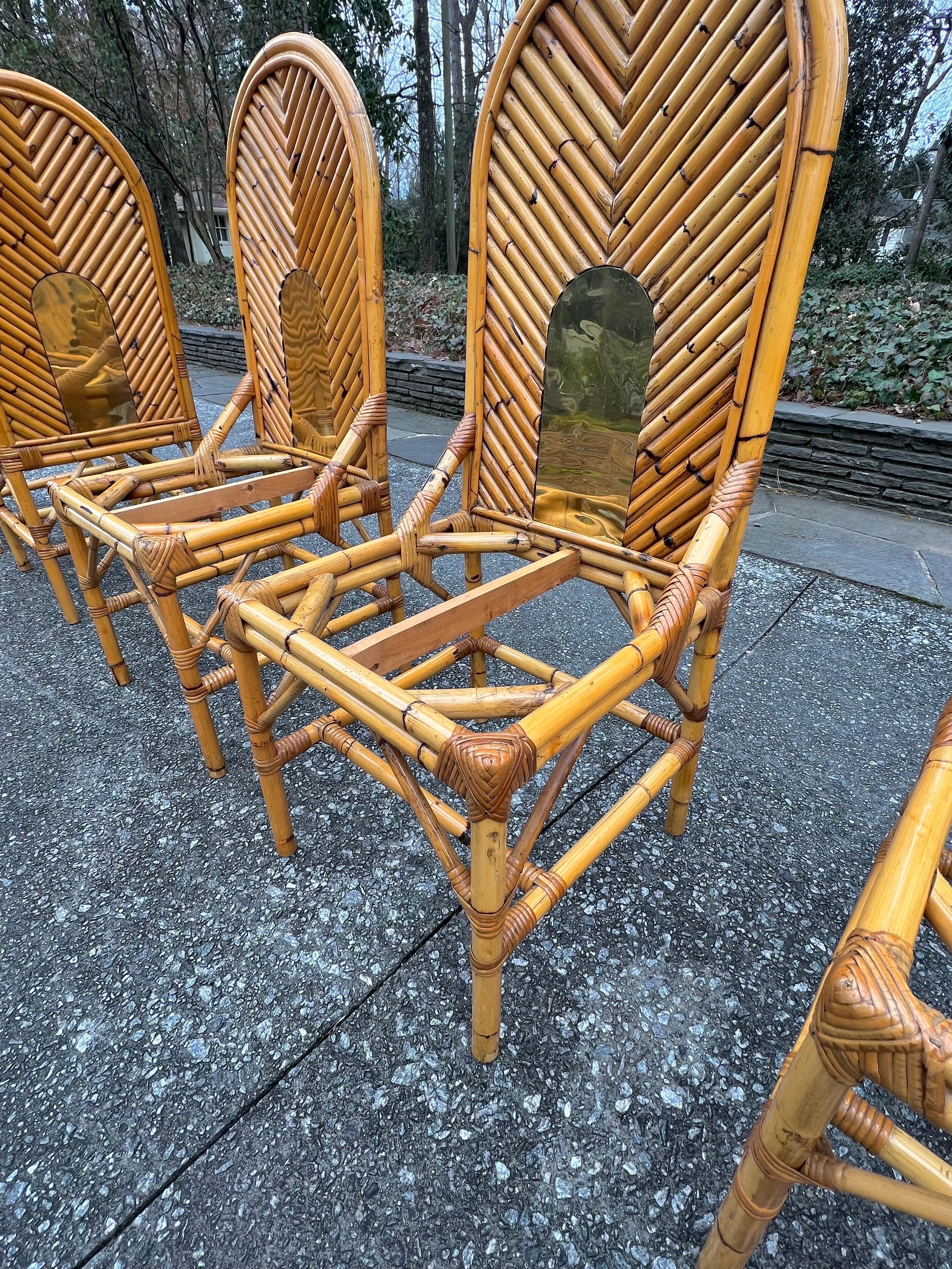 Extraordinary Set of 8 Vintage Bamboo and Brass Chairs by Vivai del Sud For Sale 9