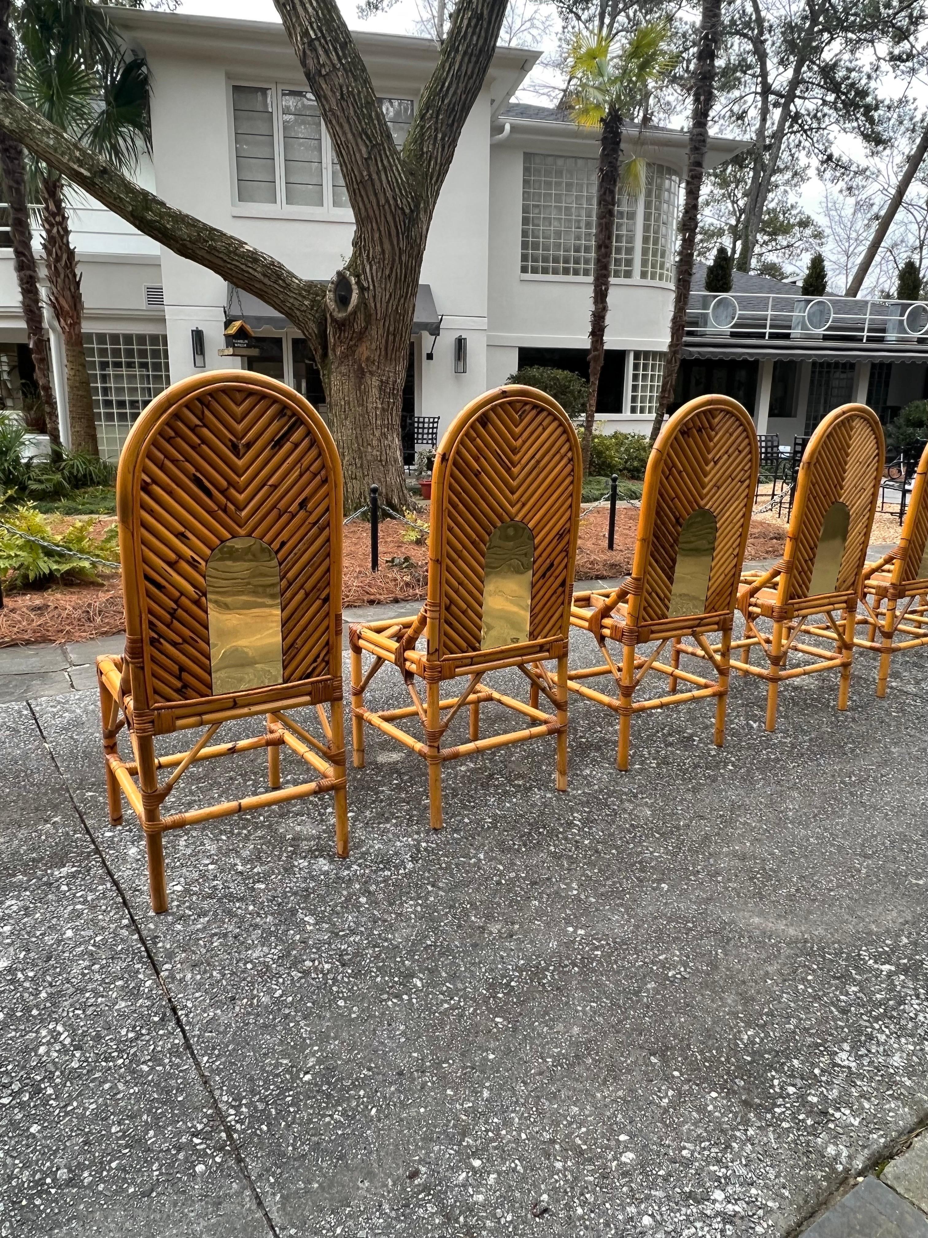 Extraordinary Set of 8 Vintage Bamboo and Brass Chairs by Vivai del Sud For Sale 11