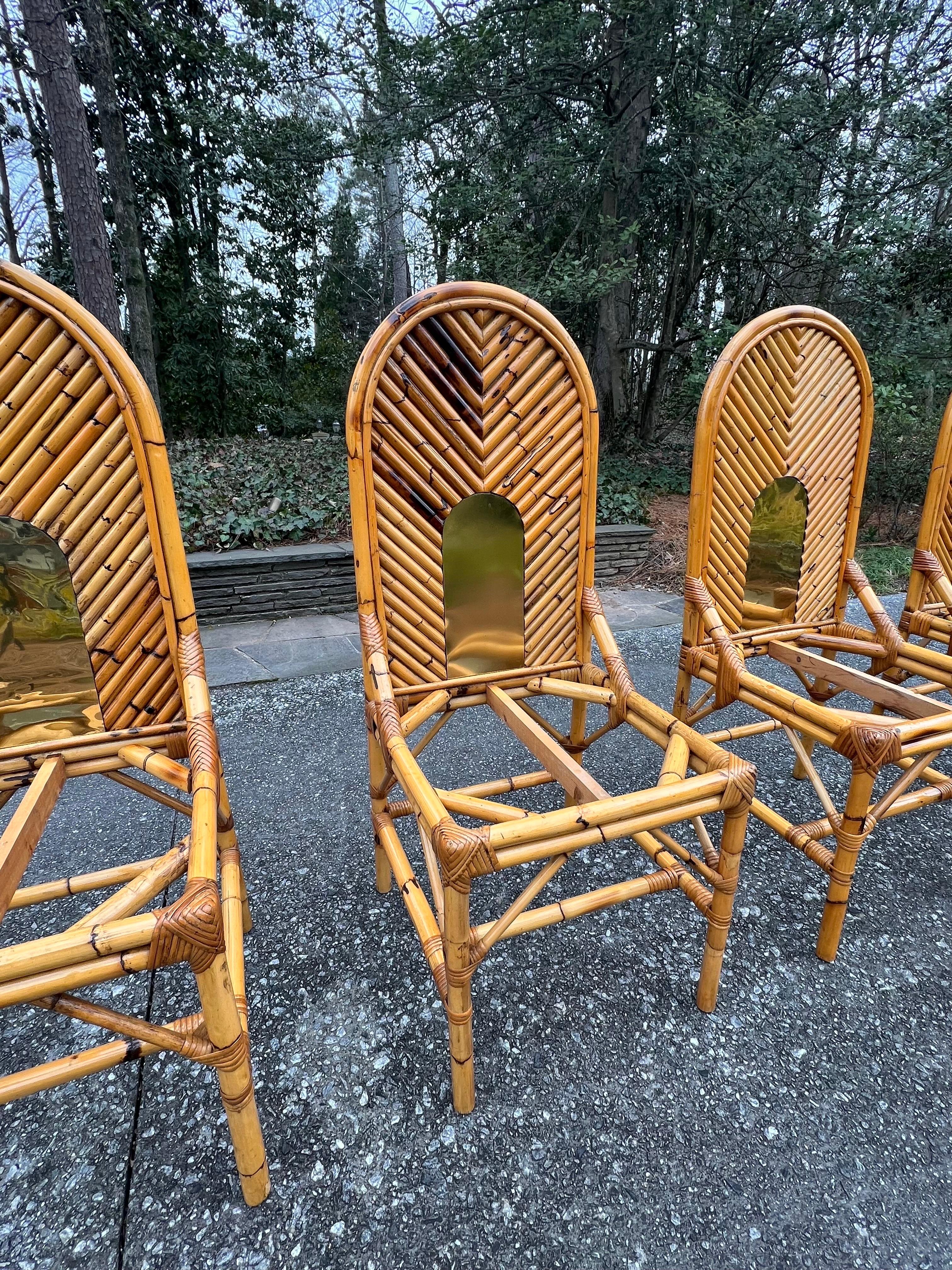 Extraordinary Set of 8 Vintage Bamboo and Brass Chairs by Vivai del Sud For Sale 12