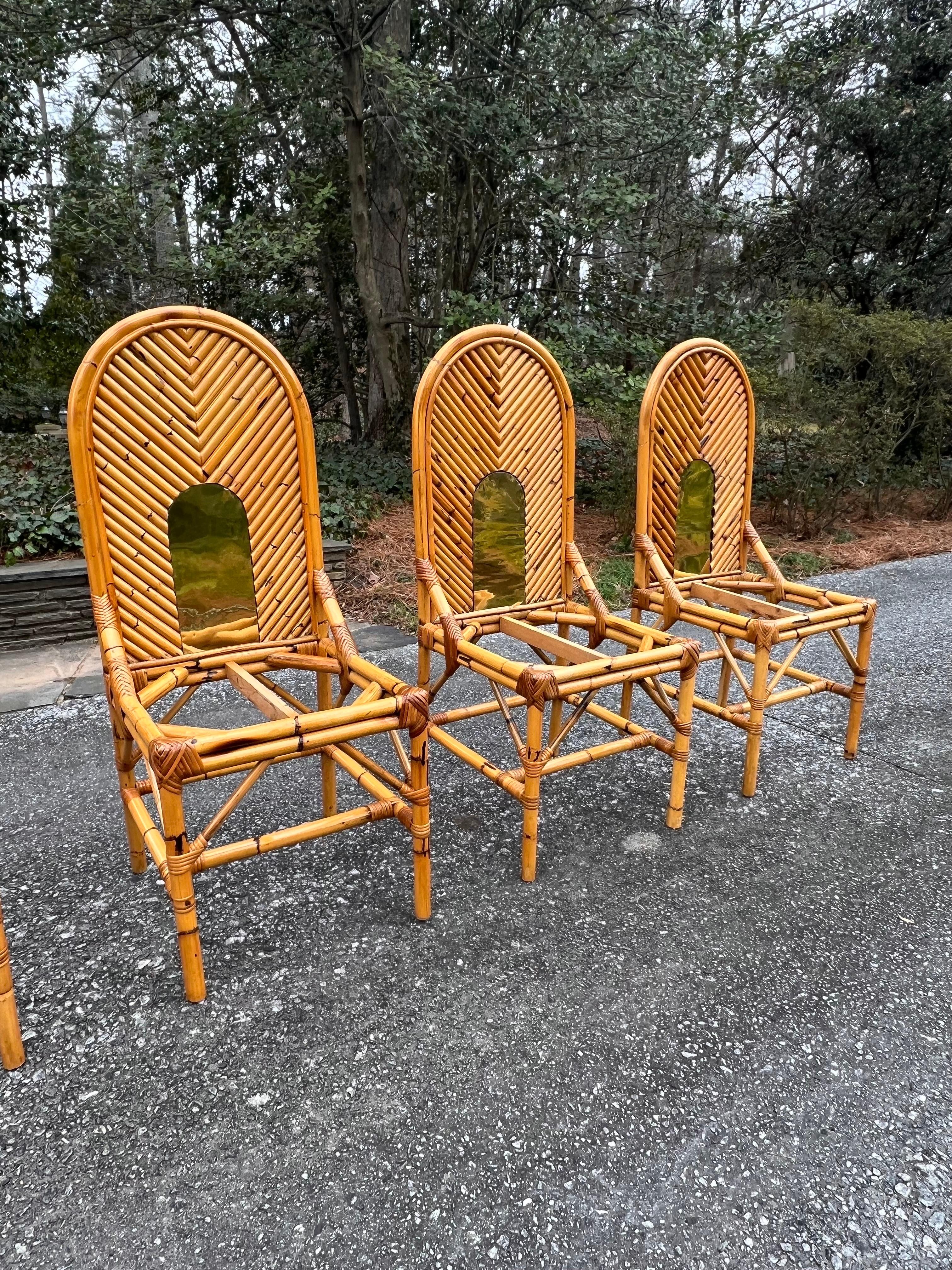 Extraordinary Set of 8 Vintage Bamboo and Brass Chairs by Vivai del Sud For Sale 13