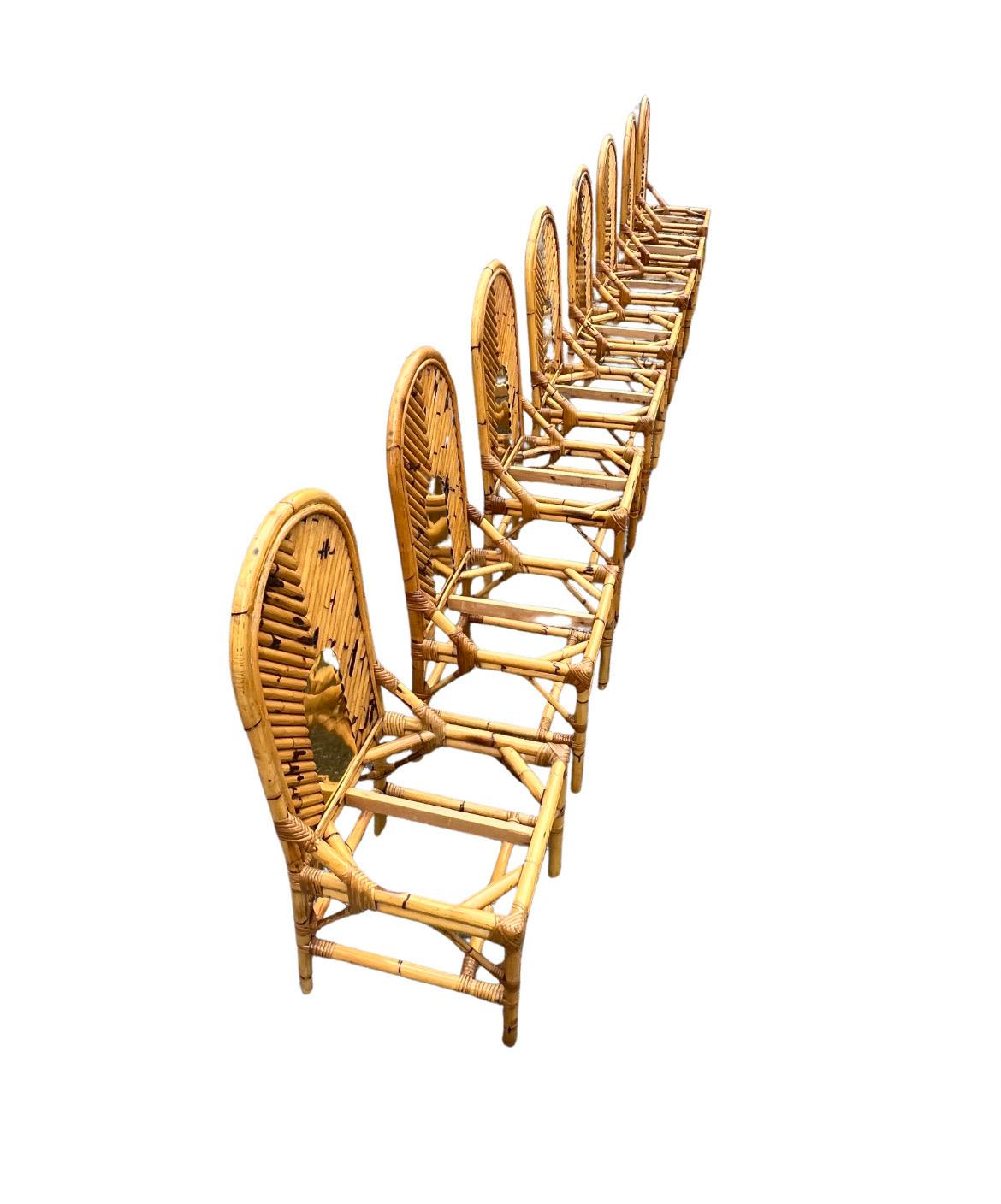 Extraordinary Set of 8 Vintage Bamboo and Brass Chairs by Vivai del Sud For Sale 14