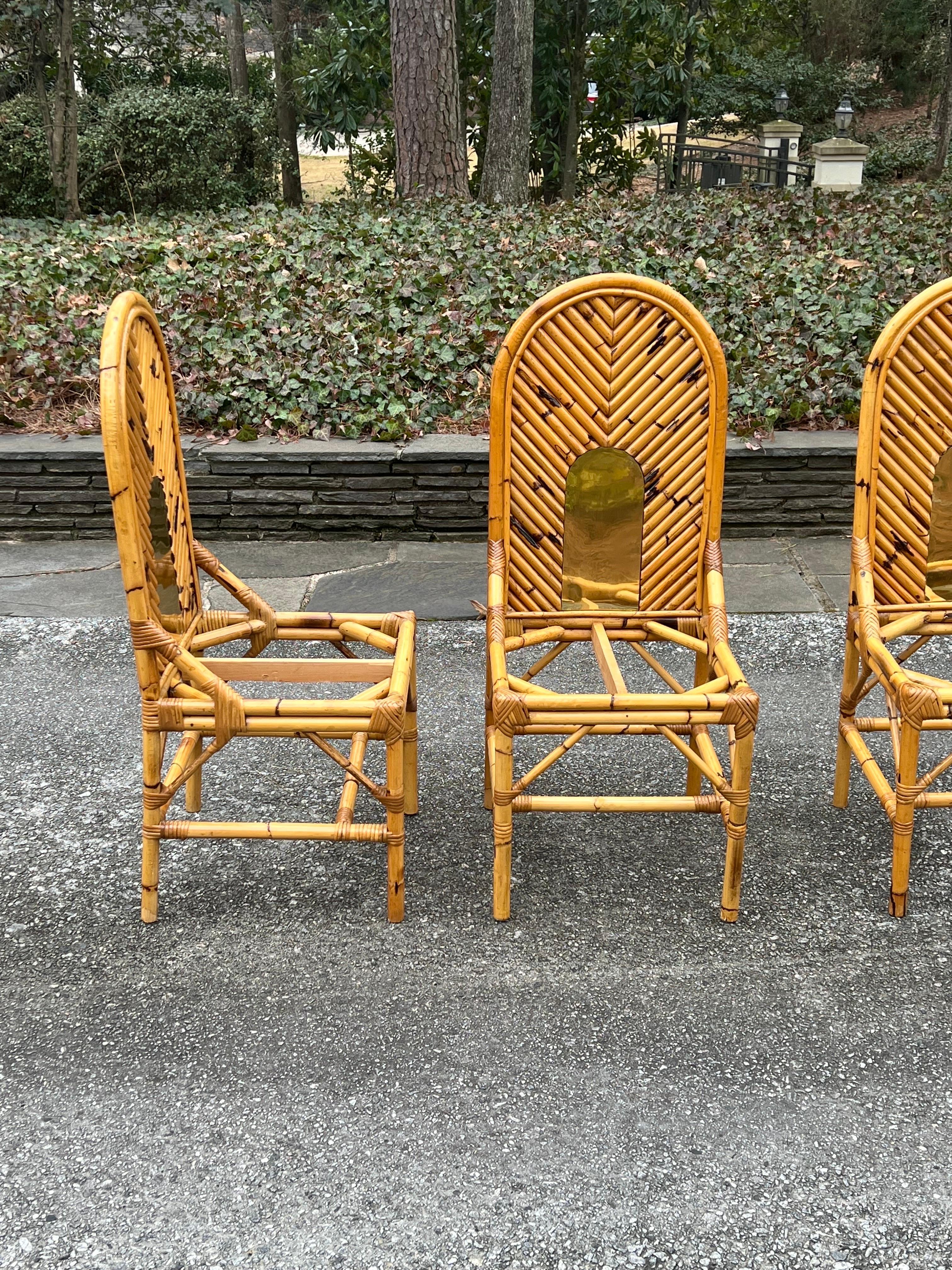 Laiton Extraordinaire ensemble de 8 chaises vintage en bambou et laiton de Vivai del Sud en vente