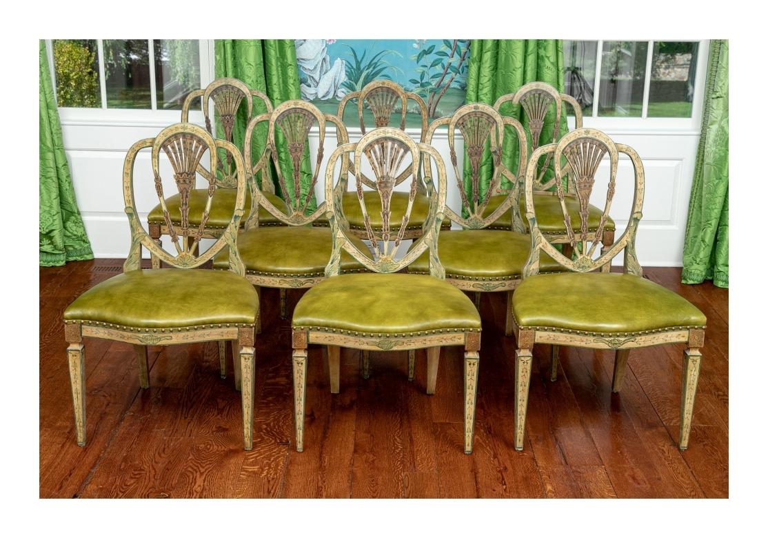 Extraordinary Set of 8 George III Style Painted Shield Back Side Chairs For Sale 5