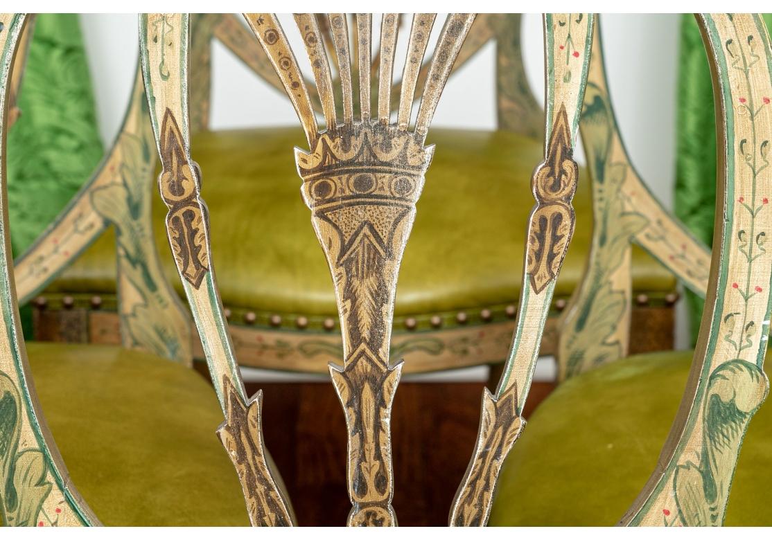 Hand-Painted Extraordinary Set of 8 George III Style Painted Shield Back Side Chairs For Sale