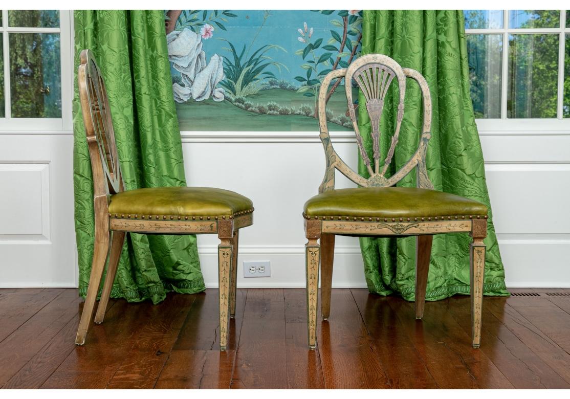 Extraordinary Set of 8 George III Style Painted Shield Back Side Chairs For Sale 3