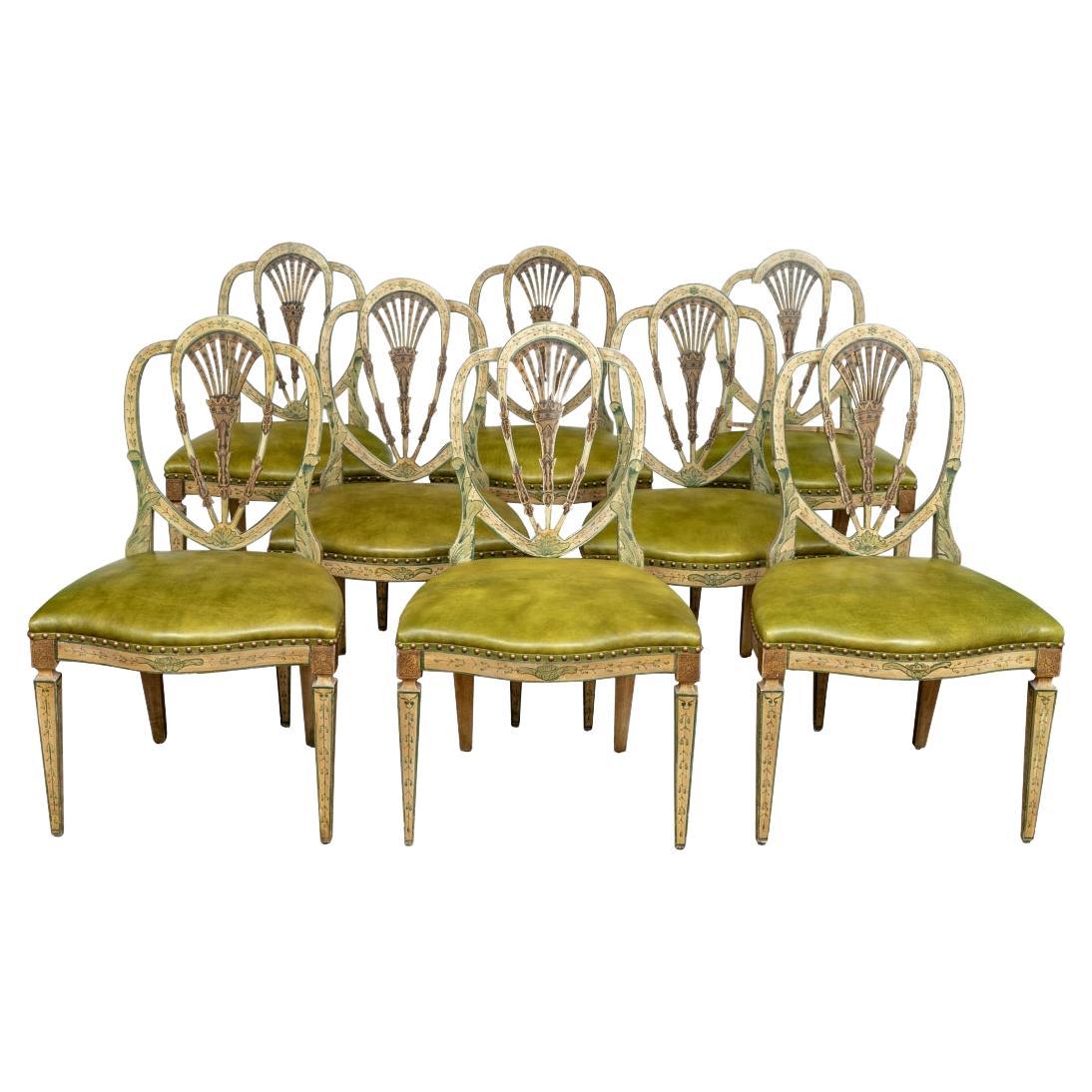 Extraordinary Set of 8 George III Style Painted Shield Back Side Chairs For Sale