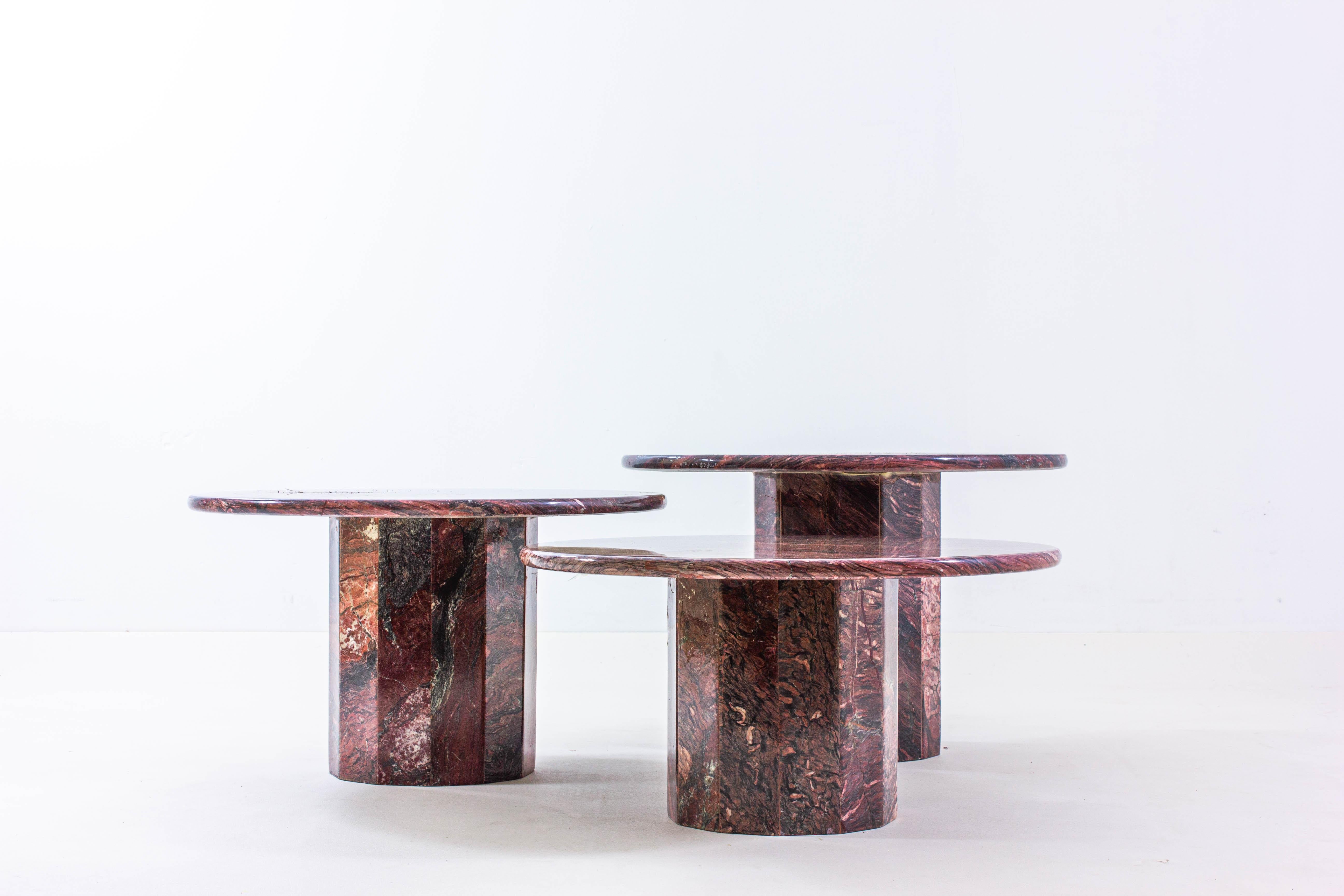 Post-Modern Extraordinary Set of Burgundy Marble Coffee Tables