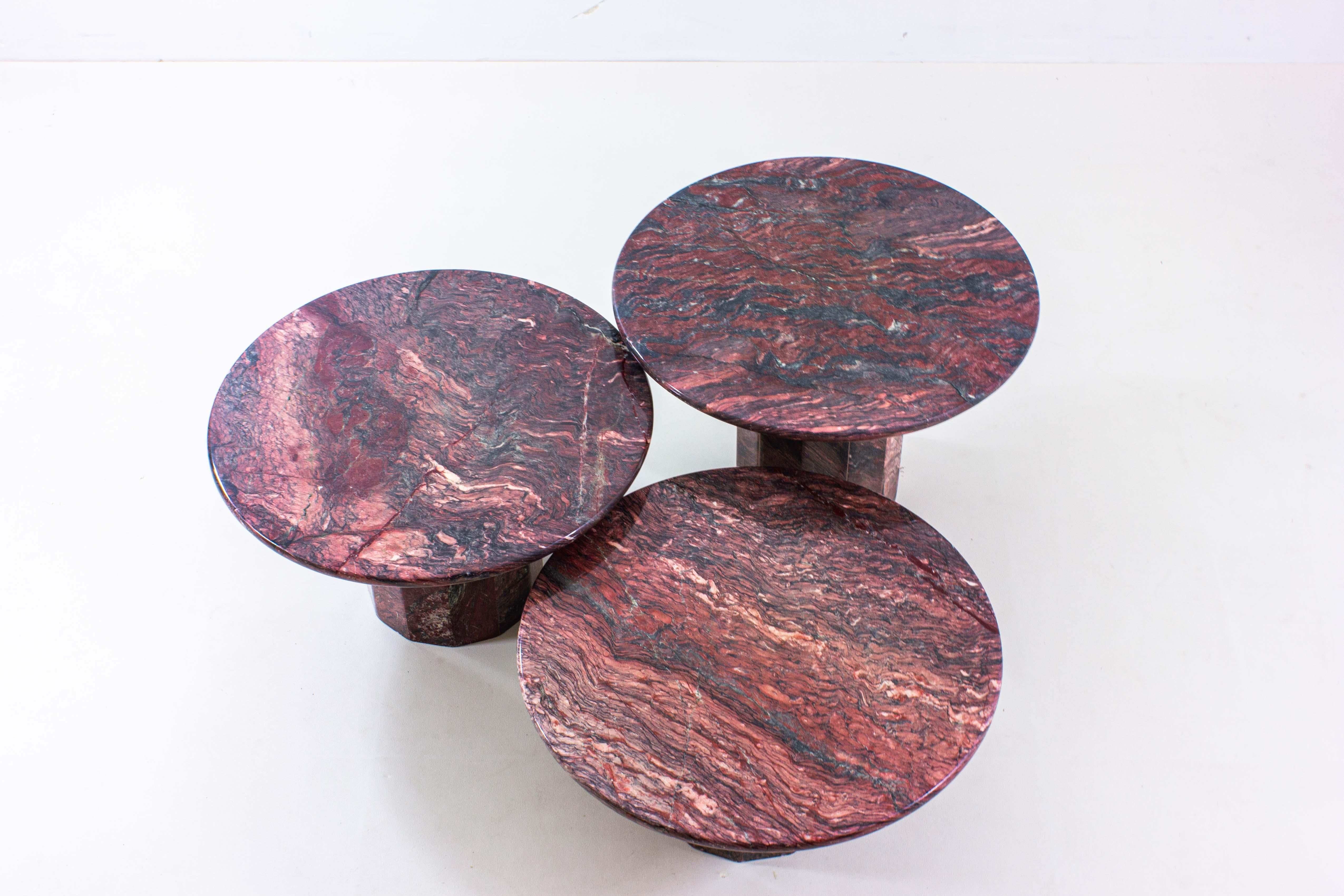 Late 20th Century Extraordinary Set of Burgundy Marble Coffee Tables