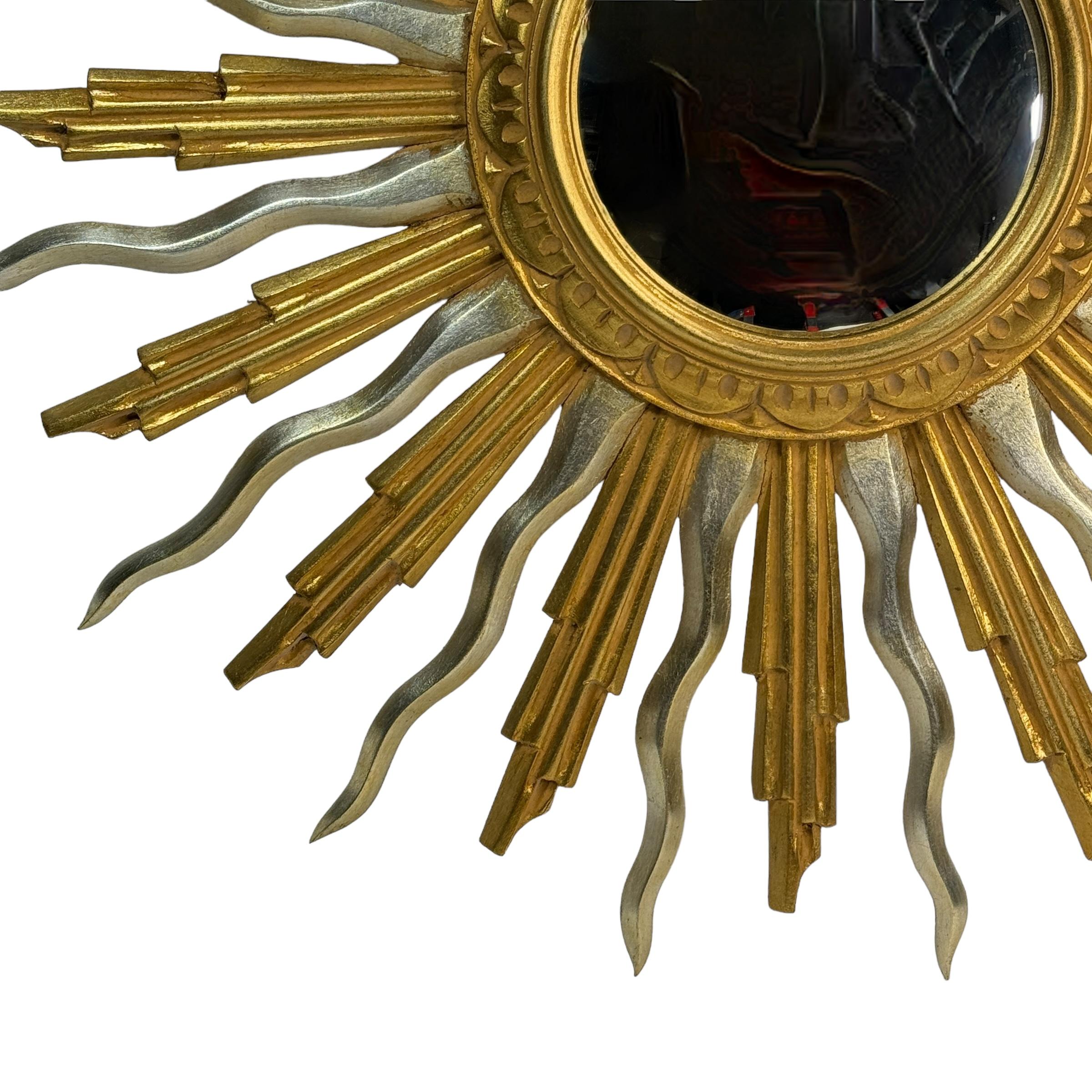 Außergewöhnliche Silber und Gold Sunburst Starburst Holz konvexe Spiegel Belgien 1960 (Hollywood Regency) im Angebot