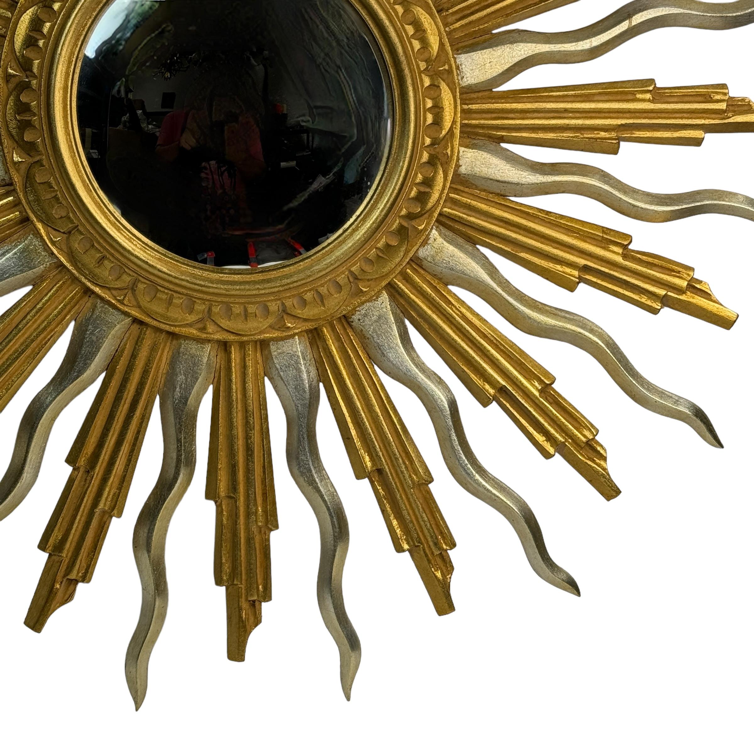 Außergewöhnliche Silber und Gold Sunburst Starburst Holz konvexe Spiegel Belgien 1960 (Italienisch) im Angebot